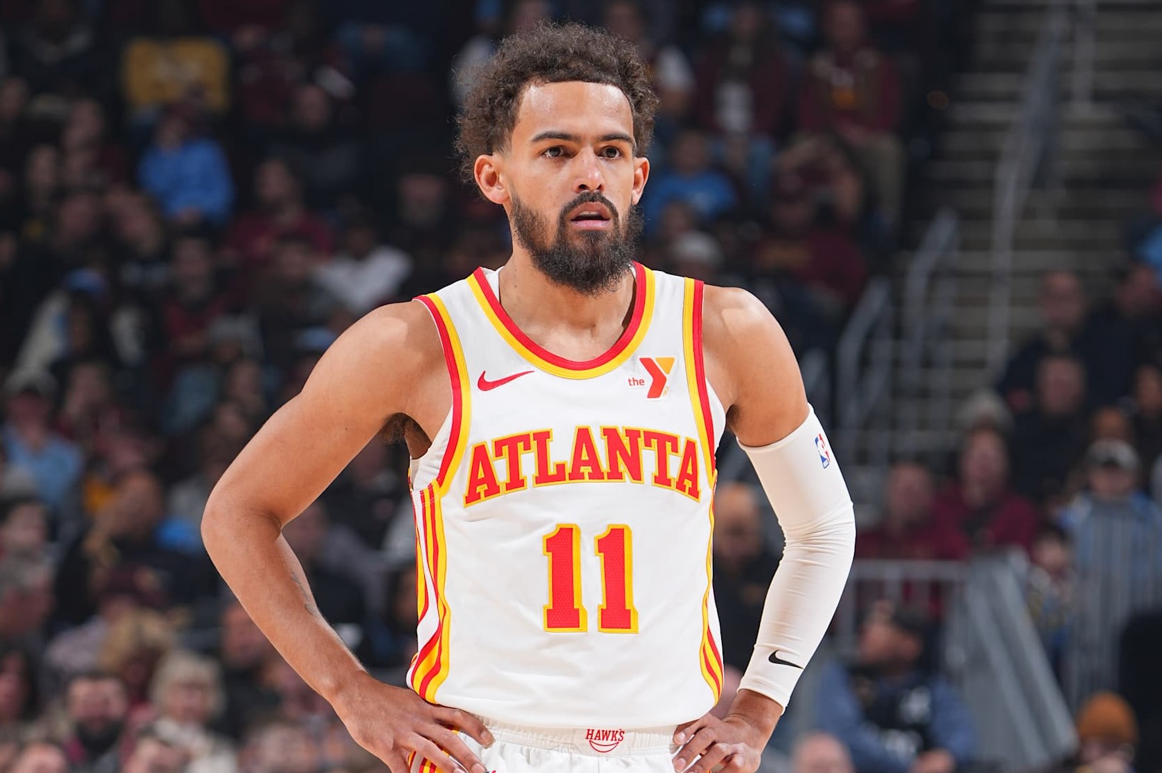 CLEVELAND, OH - JANUARY 30: Trae Young #11 of the Atlanta Hawks looks on during the game against the Cleveland Cavaliers on January 30, 2025 at Rocket Mortgage FieldHouse in Cleveland, Ohio. NOTE TO USER: User expressly acknowledges and agrees that, by downloading and/or using this Photograph, user is consenting to the terms and conditions of the Getty Images License Agreement. Mandatory Copyright Notice: Copyright 2025 NBAE (Photo by Garrett Ellwood/NBAE via Getty Images)