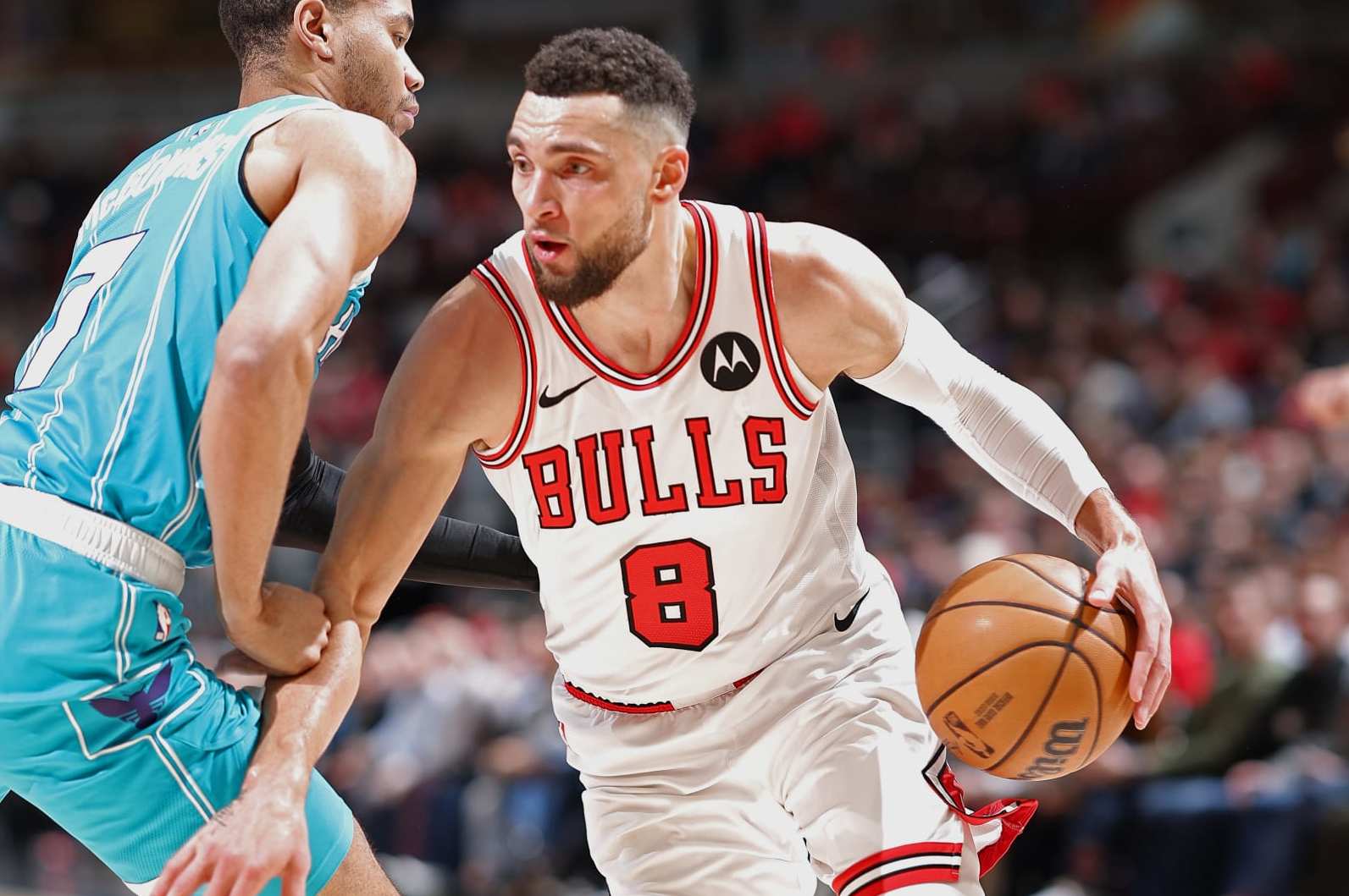 CHICAGO, IL - JANUARY 5: Zach LaVine #8 of the Chicago Bulls drives to the basket during the game against the Charlotte Hornets on January 5, 2024 at United Center in Chicago, Illinois. NOTE TO USER: User expressly acknowledges and agrees that, by downloading and or using this photograph, User is consenting to the terms and conditions of the Getty Images License Agreement. Mandatory Copyright Notice: Copyright 2024 NBAE (Photo by Jeff Haynes/NBAE via Getty Images)