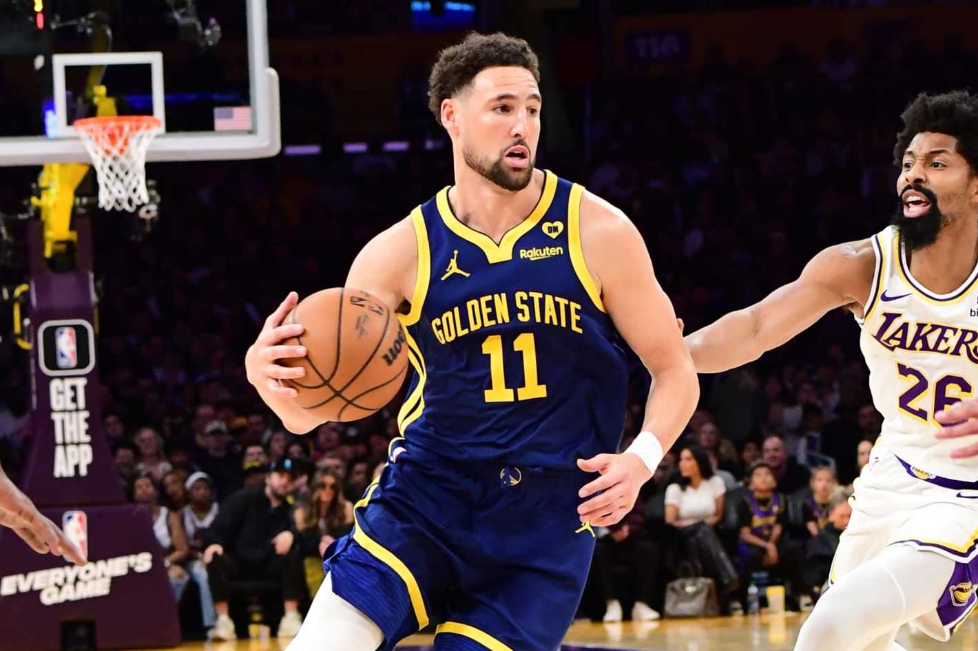 LOS ANGELES, CA - MACH 16: Klay Thompson #11 of the Golden State Warriors handles the ball during the game against the Los Angeles Lakers on March 16, 2024 at Crypto.Com Arena in Los Angeles, California. NOTE TO USER: User expressly acknowledges and agrees that, by downloading and/or using this Photograph, user is consenting to the terms and conditions of the Getty Images License Agreement. Mandatory Copyright Notice: Copyright 2024 NBAE (Photo by Adam Pantozzi/NBAE via Getty Images)