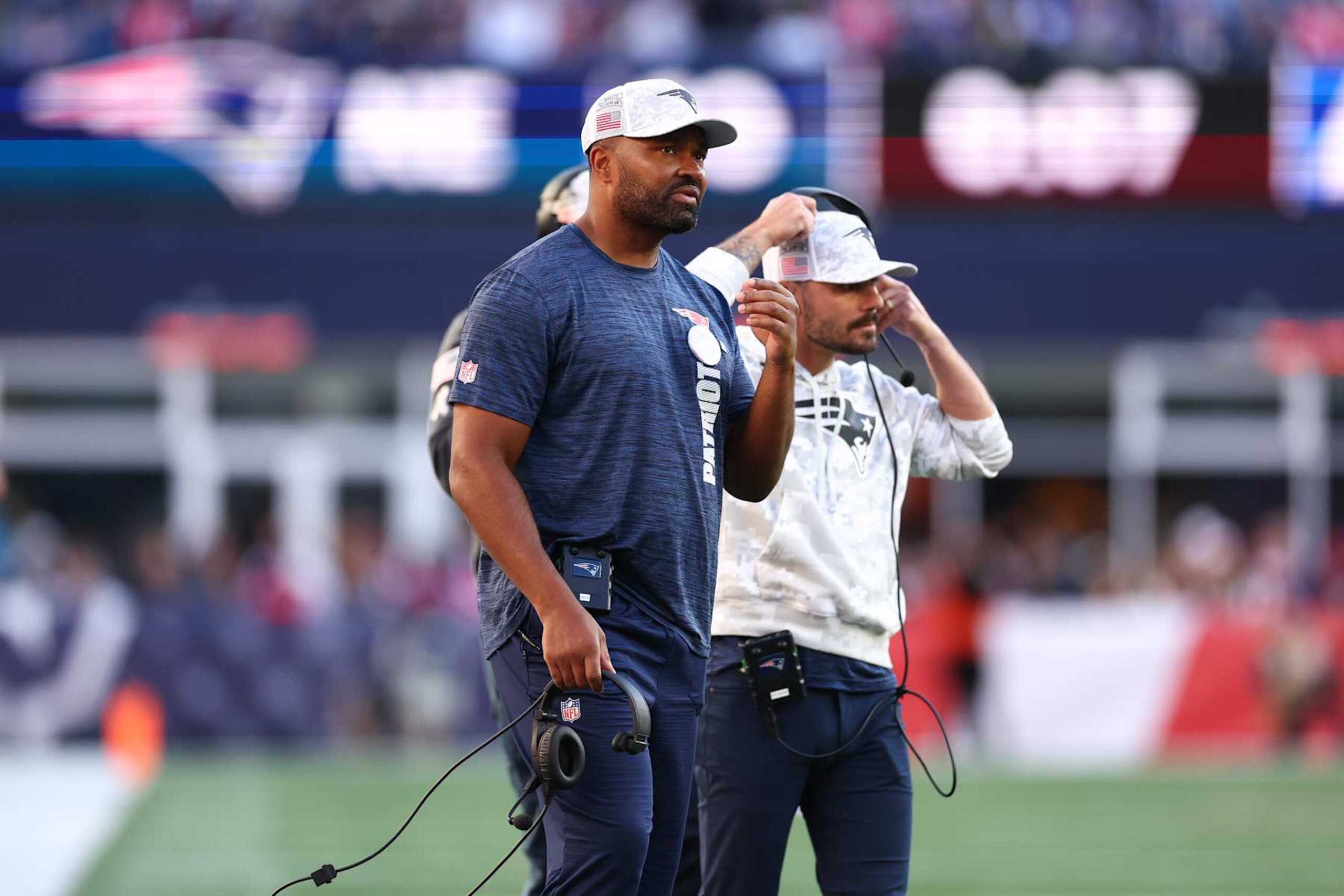FOXBOROUGH, MASSACHUSETTS - NOVEMBER 17: Head coach Jerod Mayo of the New England Patriots looks on during the second quarter against the Los Angeles Rams at Gillette Stadium on November 17, 2024 in Foxborough, Massachusetts. (Photo by Maddie Meyer/Getty Images)