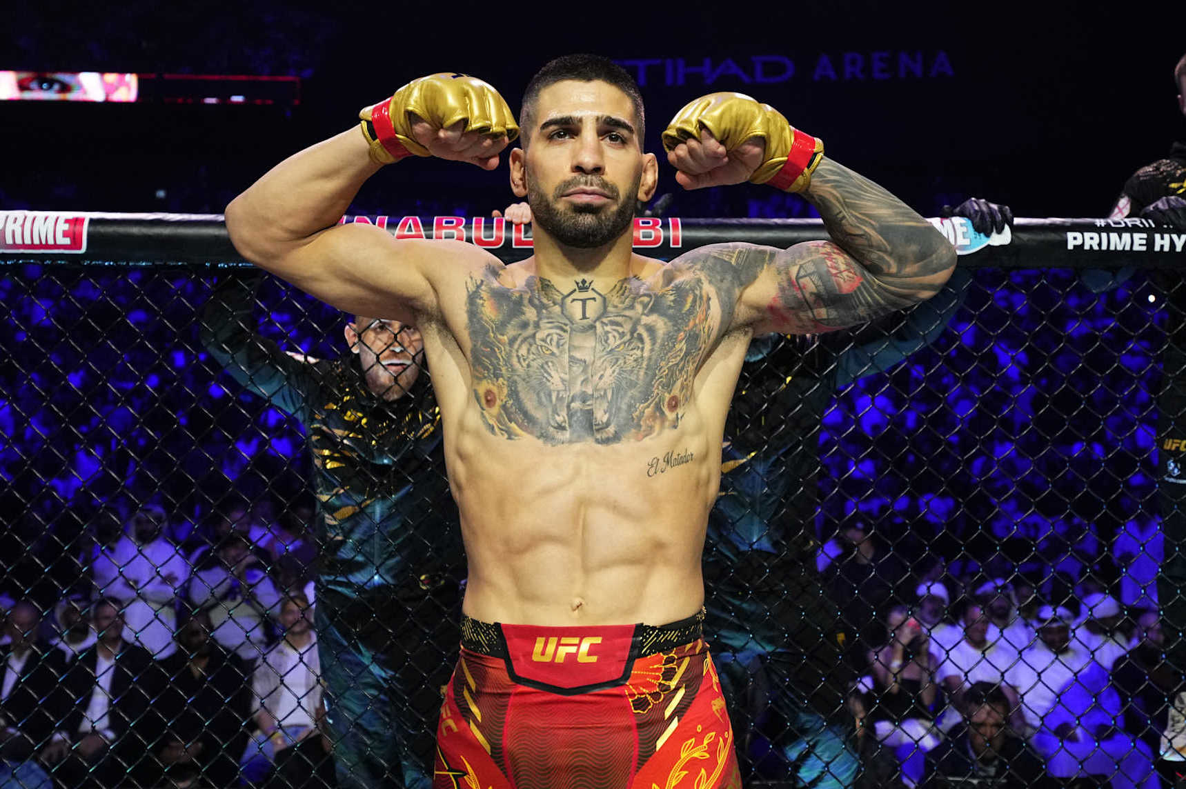 ABU DHABI, UNITED ARAB EMIRATES - OCTOBER 26:Ilia Topuria of Spain prepares to face Max Holloway in the UFC featherweight championship fight during the UFC 308 event at Etihad Arena on October 26, 2024 in Abu Dhabi, United Arab Emirates. (Photo by Chris Unger/Zuffa LLC)