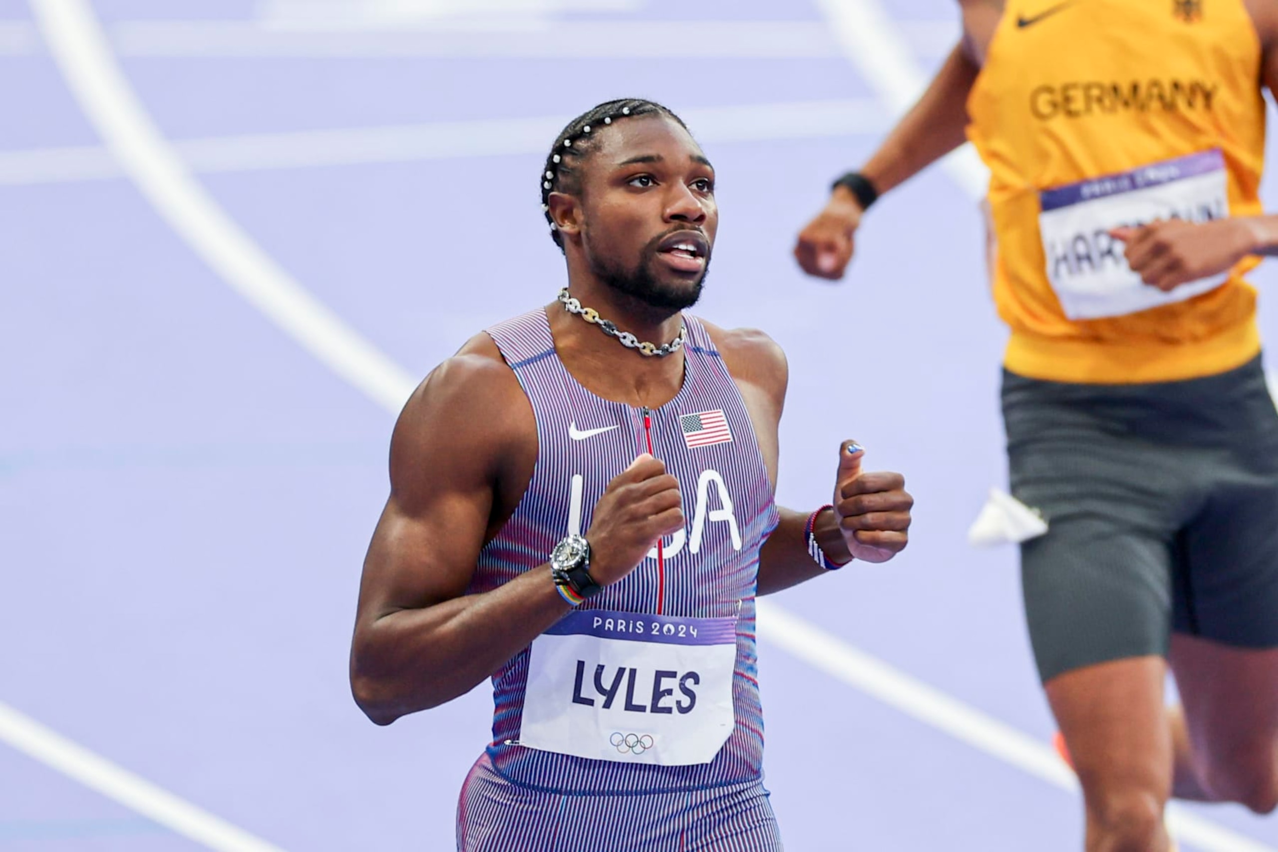 Noah Lyles of USA during the Athletics Men's 200m Semi-Final on Day 12 of the Olympic Games Paris 2024 at Stade de France on August 7, 2024 in Saint-Denis, France. (Photo by Henk Jan Dijks/Marcel ter Bals/DeFodi Images/DeFodi via Getty Images)