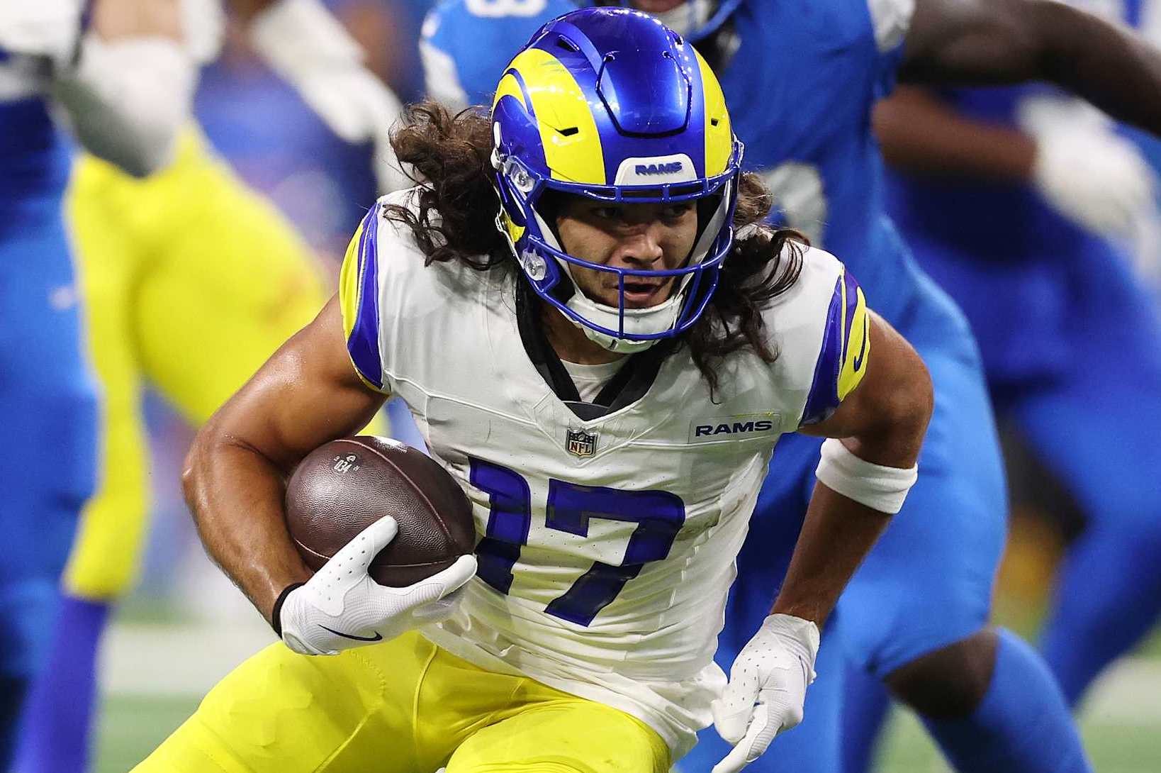 DETROIT, MICHIGAN - SEPTEMBER 08: Puka Nacua #17 of the Los Angeles Rams runs after a catch against the Detroit Lions at Ford Field on September 08, 2024 in Detroit, Michigan. (Photo by Gregory Shamus/Getty Images)