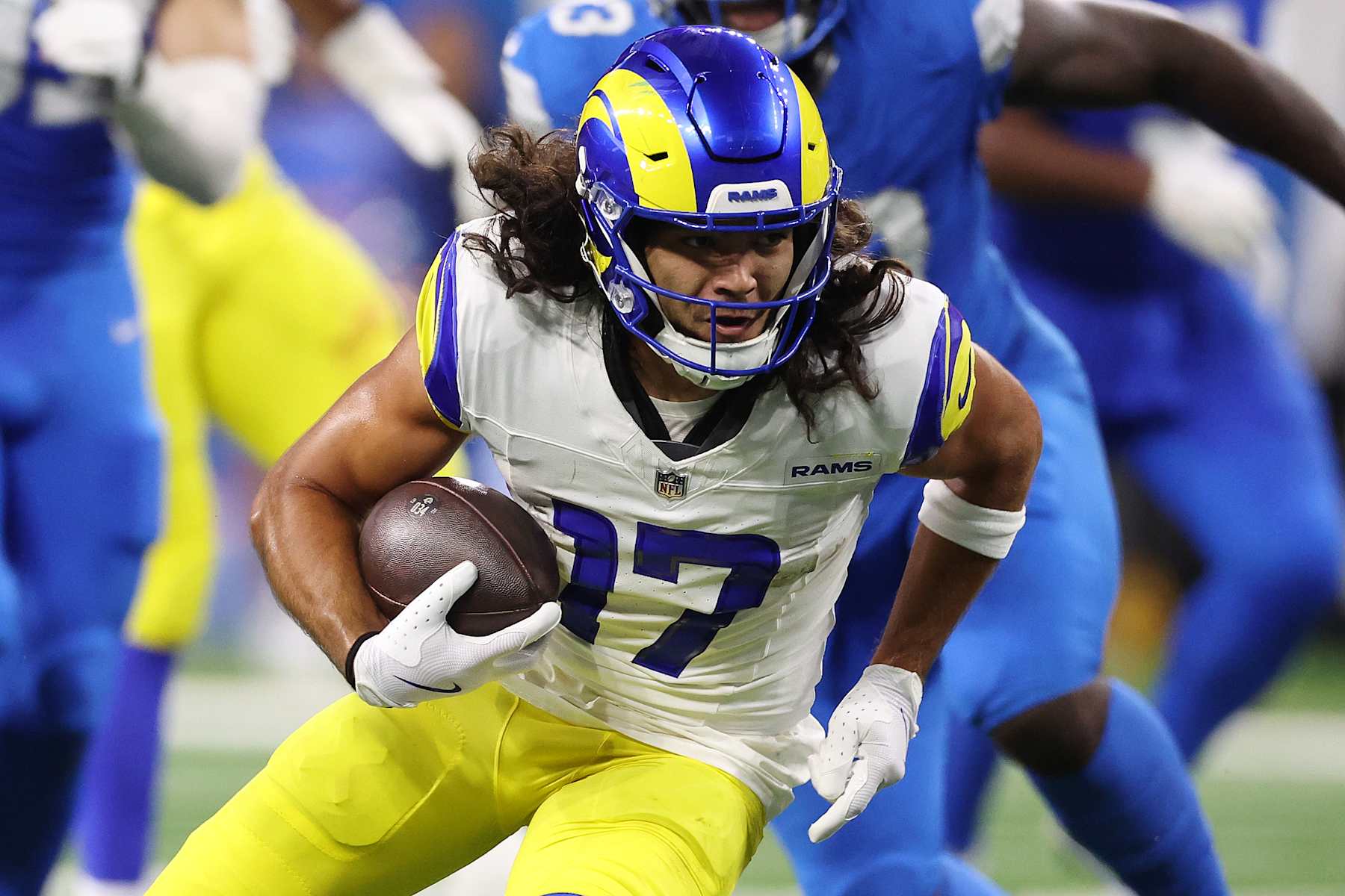 DETROIT, MICHIGAN - SEPTEMBER 08: Puka Nacua #17 of the Los Angeles Rams runs after a catch against the Detroit Lions at Ford Field on September 08, 2024 in Detroit, Michigan. (Photo by Gregory Shamus/Getty Images)