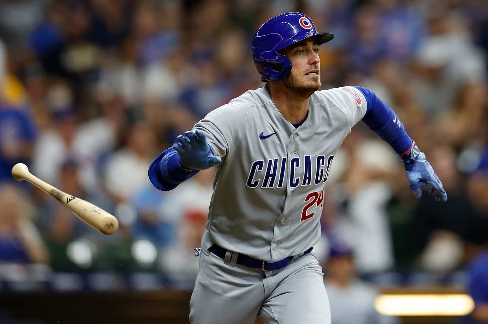 MILWAUKEE, WISCONSIN - SEPTEMBER 30: Cody Bellinger #24 of the Chicago Cubs hits a run-scoring double in the fourth inning against the Milwaukee Brewers at American Family Field on September 30, 2023 in Milwaukee, Wisconsin. (Photo by John Fisher/Getty Images)