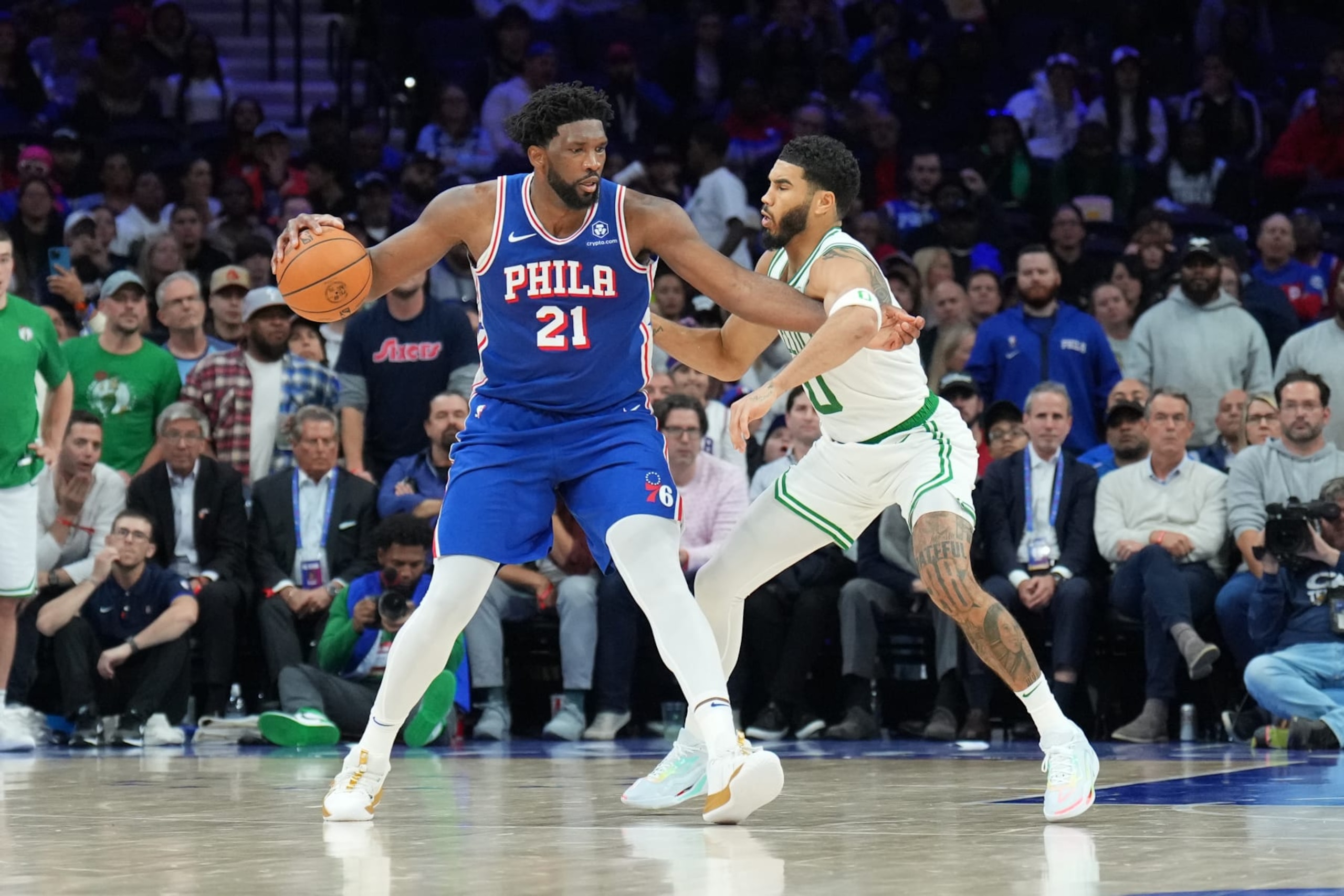 PHILADELPHIA, PA - NOVEMBER 8: Joel Embiid #21 of the Philadelphia 76ers handles the ball during the game against the Boston Celtics on November 8, 2023 at the Wells Fargo Center in Philadelphia, Pennsylvania NOTE TO USER: User expressly acknowledges and agrees that, by downloading and/or using this Photograph, user is consenting to the terms and conditions of the Getty Images License Agreement. Mandatory Copyright Notice: Copyright 2023 NBAE (Photo by Jesse D. Garrabrant/NBAE via Getty Images)