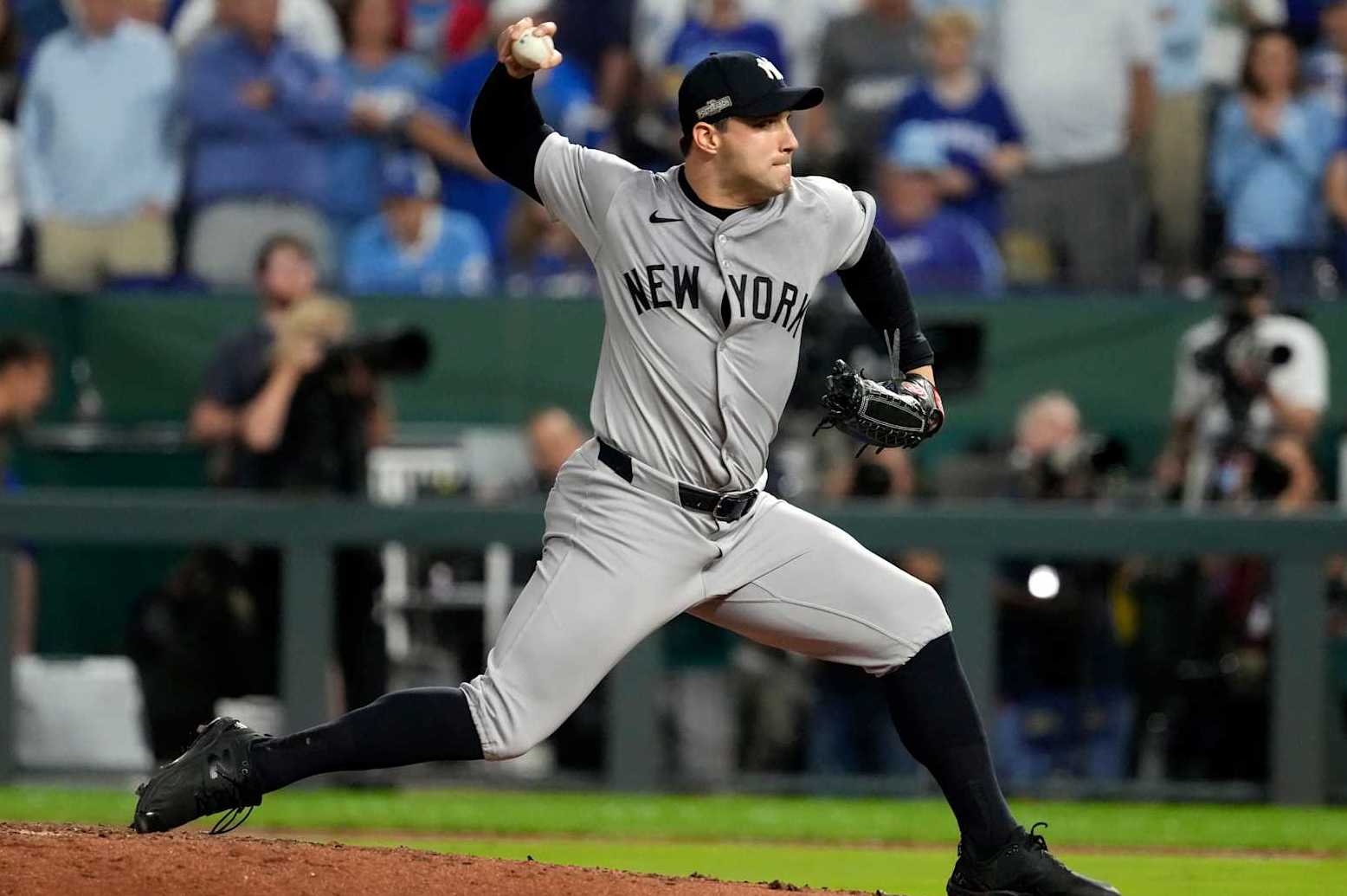 KANSAS CITY, MISSOURI - OCTOBER 09: Tommy Kahnle #41 of the New York Yankees pitches in the seventh inning against the Kansas City Royals during Game Three of the Division Series at Kauffman Stadium on October 09, 2024 in Kansas City, Missouri. (Photo by Ed Zurga/Getty Images)
