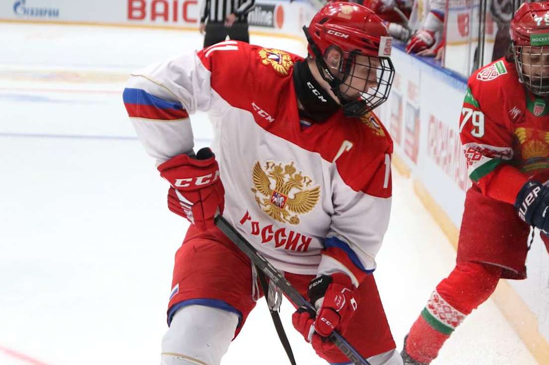 SAINT PETERSBURG, RUSSIA - 2024/11/08: Ivan Ryabkin (11) Russia U18 and Timofey Mamanovich (79) of Belarus Hockey team seen in action during the Hockey match, Future Cup between Belarus U20 and Russia U18 at the Jubilee Sports Complex. (Final score; Russia U18 1:2 Belarus U20). (Photo by Maksim Konstantinov/SOPA Images/LightRocket via Getty Images)
