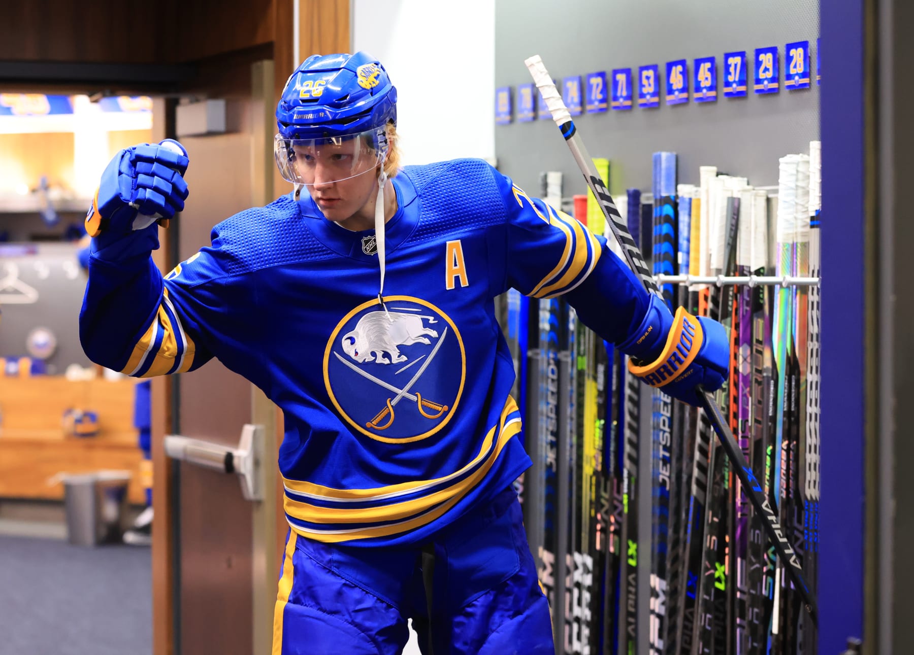BUFFALO, NY - JANUARY 10: Rasmus Dahlin #26 of the Buffalo Sabres heads to the ice prior to an NHL game against the Seattle Kraken on January 10, 2023 at KeyBank Center in Buffalo, New York. (Photo by Bill Wippert/NHLI via Getty Images)