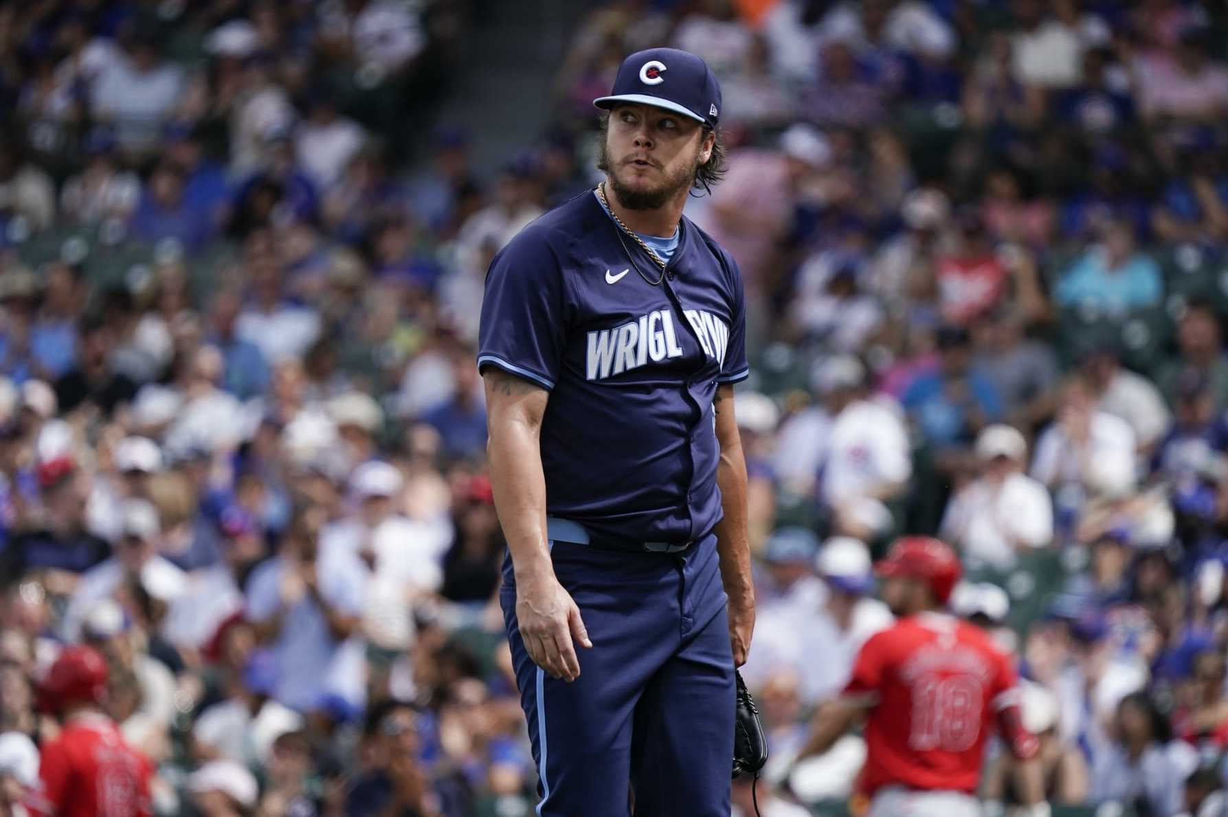 CHICAGO, ILLINOIS - JULY 05: Justin Steele #35 of the Chicago Cubs looks up at the video board after the eighth inning against the Los Angeles Angels at Wrigley Field on July 05, 2024 in Chicago, Illinois. (Photo by Nuccio DiNuzzo/Getty Images)