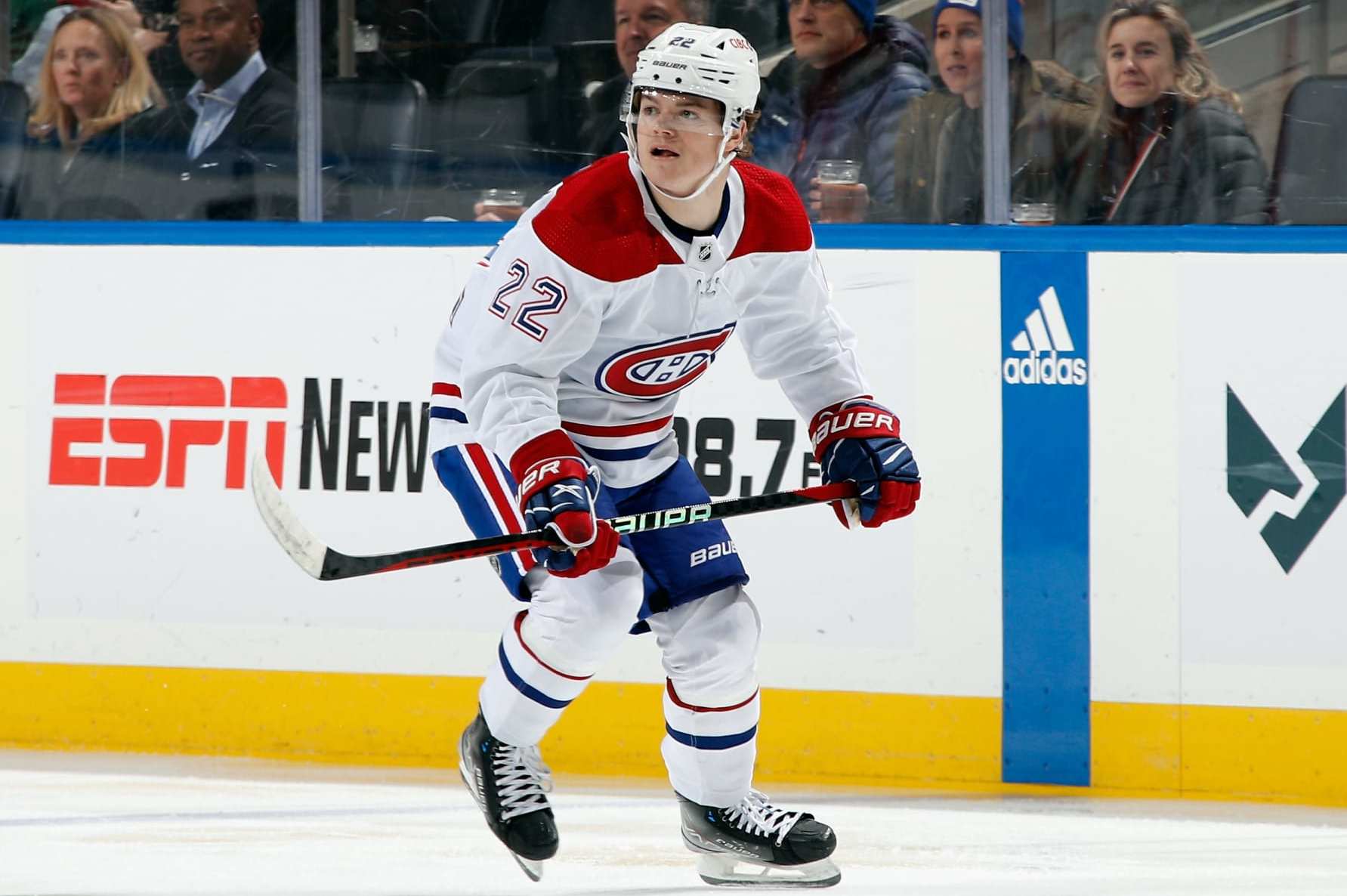 ELMONT, NEW YORK - JANUARY 14: Cole Caufield #22 of the Montreal Canadiens skates against the New York Islanders at the UBS Arena on January 14, 2023 in Elmont, New York. (Photo by Bruce Bennett/Getty Images )
