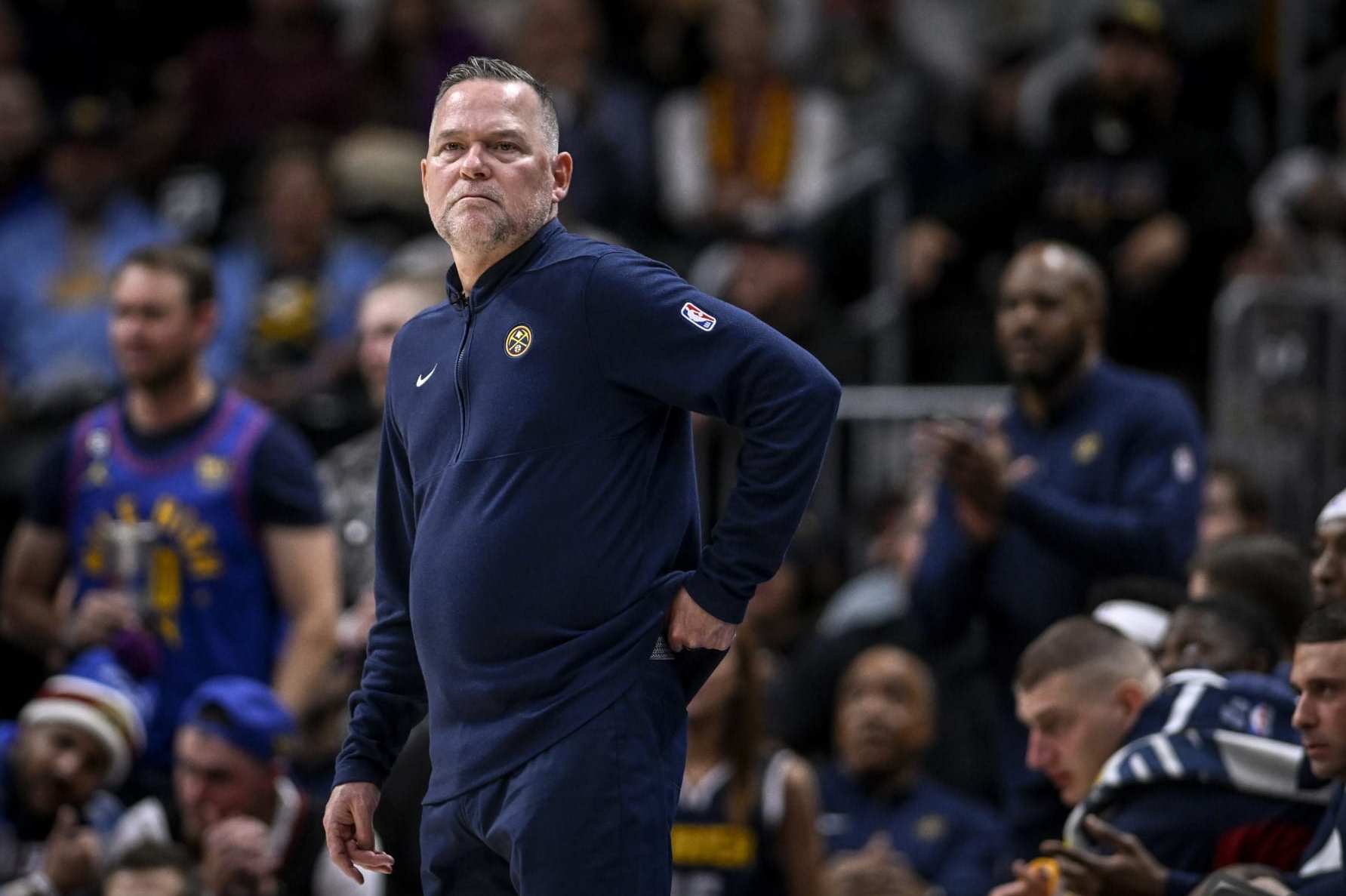 DENVER, CO - NOVEMBER 8: Denver Nuggets head coach Michael Malone appears displeased during the second quarter against the Golden State Warriors at Ball Arena in Denver on Wednesday, November 8, 2023. (Photo by AAron Ontiveroz/The Denver Post)
