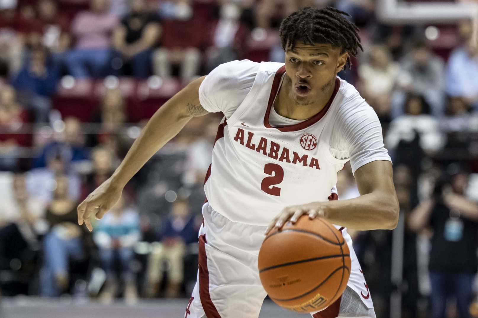 Alabama forward Darius Miles (2) works inside against South Dakota State during the second half of an NCAA college basketball game, Friday, Nov. 12, 2021, in Tuscaloosa, Ala. (AP Photo/Vasha Hunt)