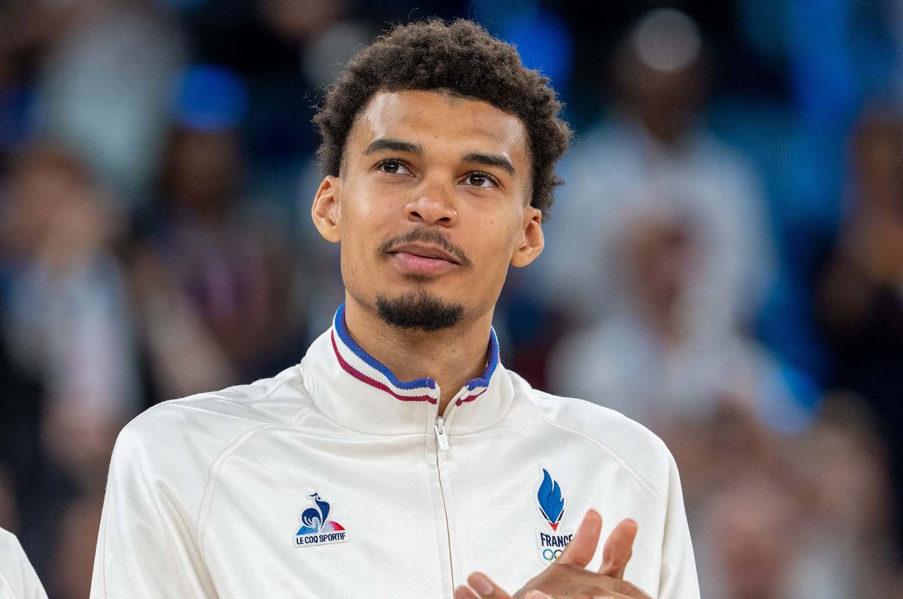 PARIS, FRANCE - AUGUST 10: Victor Wembanyama of France win silver medal after loosing to USA in Men's Gold Medal on day fifteen of the Olympic Games Paris 2024 at Bercy Arena on August 10, 2024 in Paris, France. (Photo by Aytac Unal/Anadolu via Getty Images)