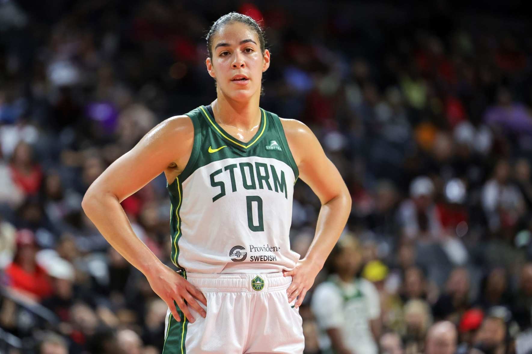 LAS VEGAS, NEVADA - SEPTEMBER 02: Kia Nurse #0 of the Seattle Storm stands on the court during a break in the fourth quarter of a game against the Las Vegas Aces at Michelob ULTRA Arena on September 02, 2023 in Las Vegas, Nevada. The Aces defeated the Storm 103-77. NOTE TO USER: User expressly acknowledges and agrees that, by downloading and or using this photograph, User is consenting to the terms and conditions of the Getty Images License Agreement. (Photo by Ethan Miller/Getty Images)