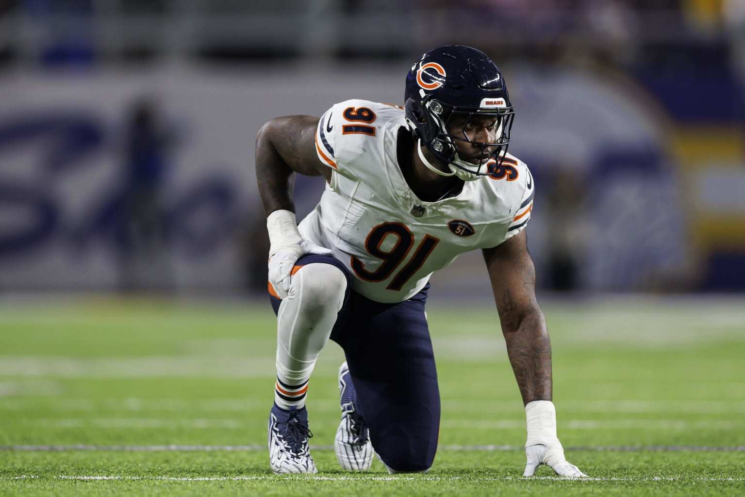MINNEAPOLIS, MINNESOTA - NOVEMBER 27: Yannick Ngakoue #91 of the Chicago Bears lines up to run around the edge during an NFL football game against the Minnesota Vikings at U.S. Bank Stadium on November 27, 2023 in Minneapolis, Minnesota. (Photo by Ryan Kang/Getty Images)