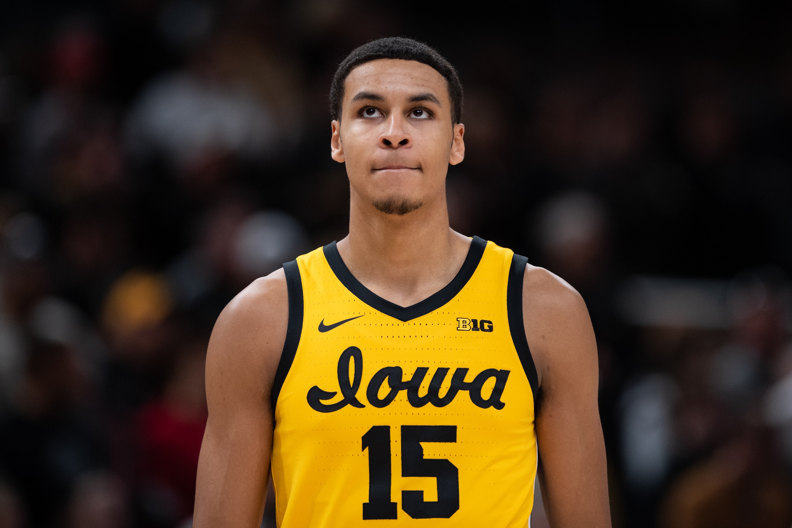 INDIANAPOLIS, IN - MARCH 13: Iowa Hawkeyes forward Keegan Murray (15) walks down the court during the mens Big Ten tournament college basketball game between the Iowa Hawkeyes and Purdue Boilermakers on March 13, 2022, at Gainbridge Fieldhouse in Indianapolis, IN. (Photo by Zach Bolinger/Icon Sportswire via Getty Images)