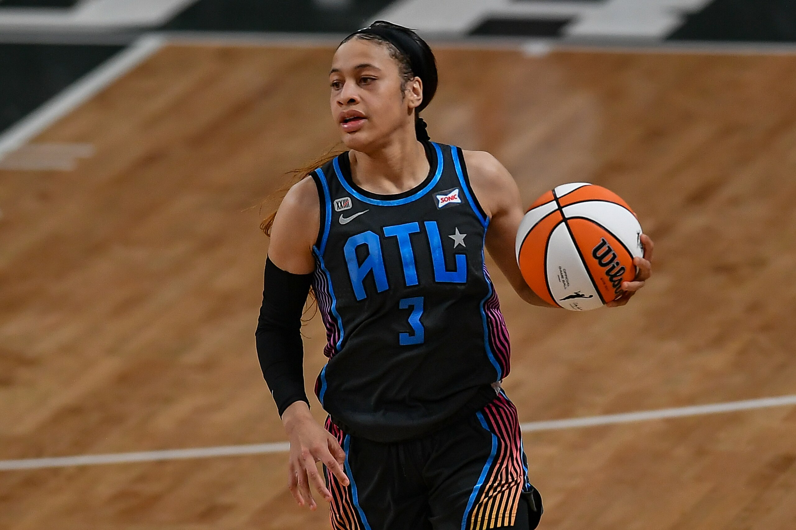 ATLANTA, GA  JUNE 26:  Atlanta guard Chennedy Carter (3) brings the ball up the court during the WNBA game between the New York Liberty and the Atlanta Dream on June 26th, 2021 at Gateway Center Arena in College Park, GA. (Photo by Rich von Biberstein/Icon Sportswire via Getty Images)