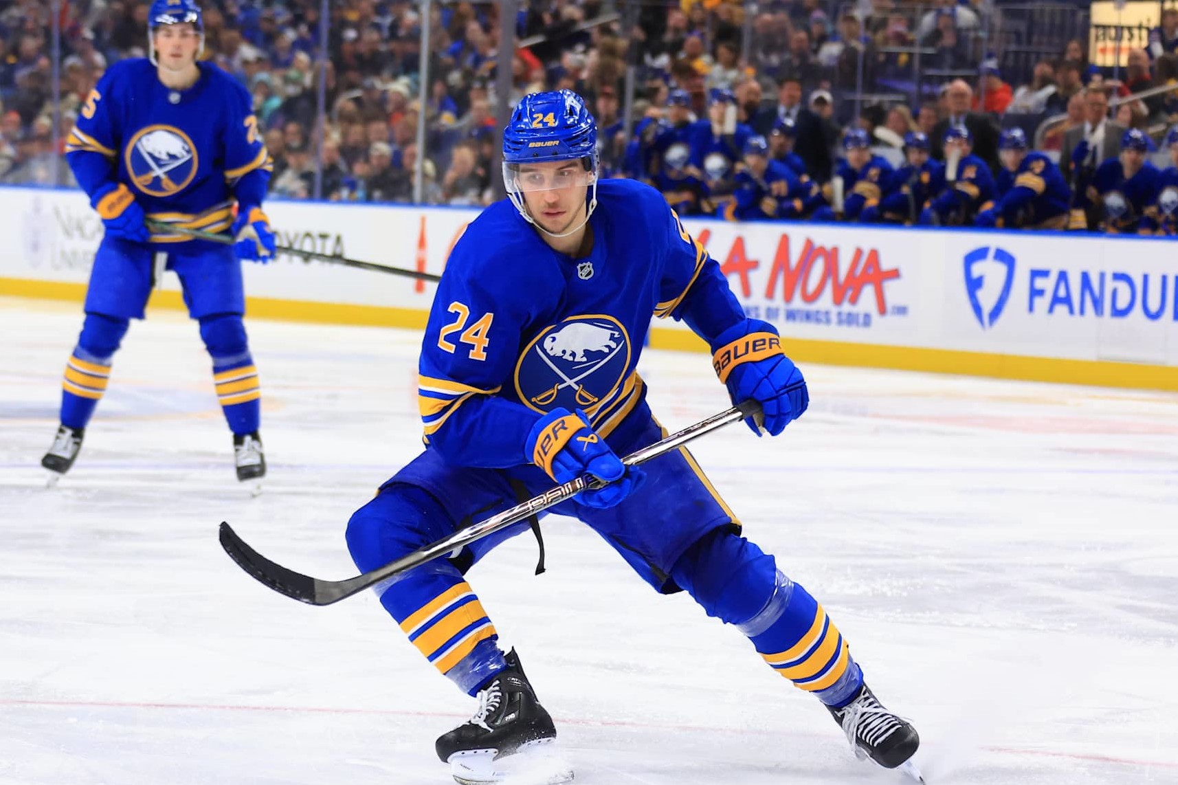 BUFFALO, NEW YORK - JANUARY 11: Dylan Cozens #24 of the Buffalo Sabres skates against the Seattle Kraken during an NHL game on January 11, 2025 at KeyBank Center in Buffalo, New York. (Photo by Bill Wippert/NHLI via Getty Images)