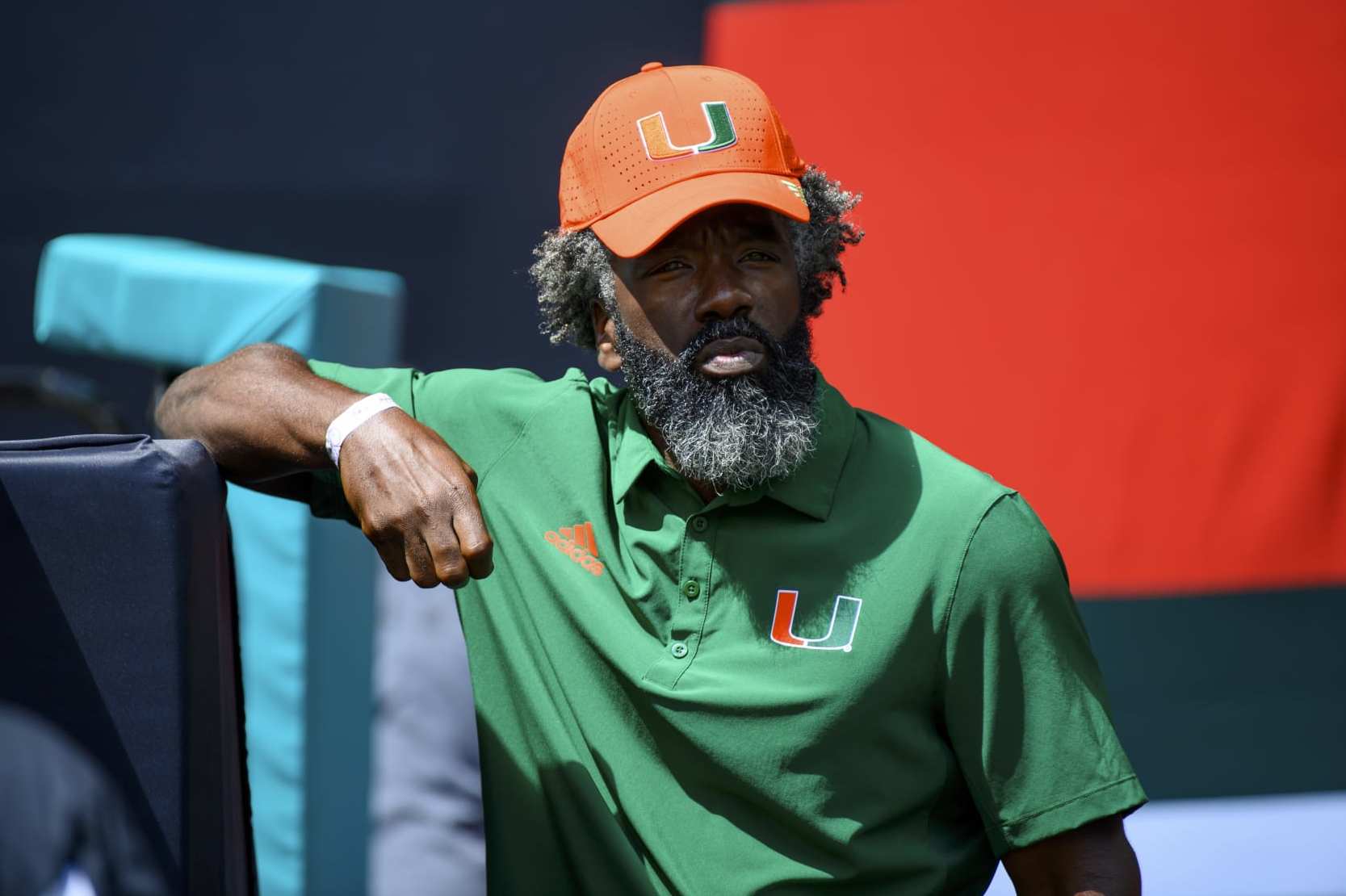 MIAMI GARDENS, FL - SEPTEMBER 03: Miami chief of staff Ed Reed stands on the field before the start of the college football game between the Bethune-Cookman Wildcats and the University of Miami Hurricanes on September 3, 2022 at the Hard Rock Stadium in Miami Gardens, FL. (Photo by Doug Murray/Icon Sportswire via Getty Images)