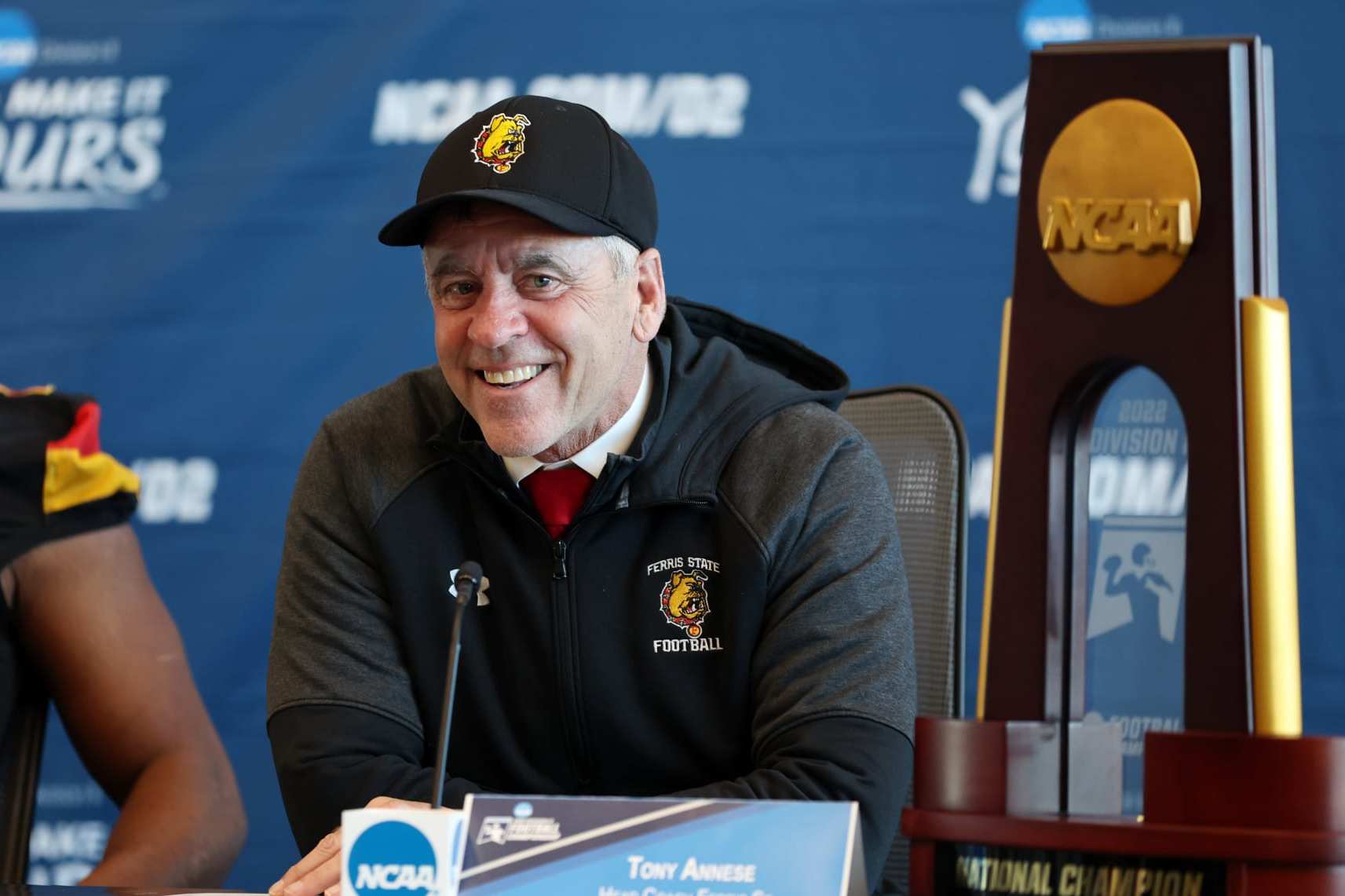MCKINNEY, TX - DECEMBER 17: Head coach Tony Annese of the Ferris State Bulldogs talks to the media after the game against the Colorado School of Mines Orediggers at the Division II Football Championship held at McKinney ISD Stadium on December 17, 2022 in McKinney, Texas. (Photo by Tim Heitman/NCAA Photos via Getty Images)