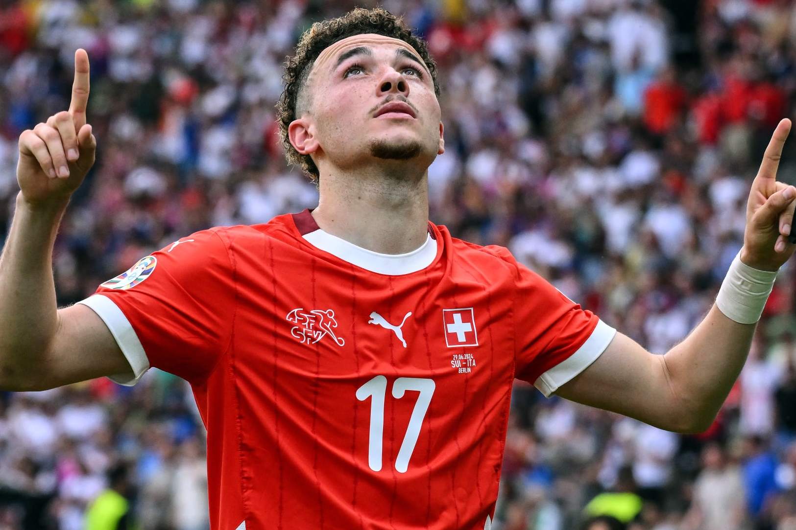 BERLIN, GERMANY - JUNE 29: Ruben Vargas of Switzerland celebrates his goal during the UEFA EURO 2024 round of 16 match between Switzerland and Italy at Olympiastadion on June 29, 2024 in Berlin, Germany. (Photo by Image Photo Agency/Getty Images)