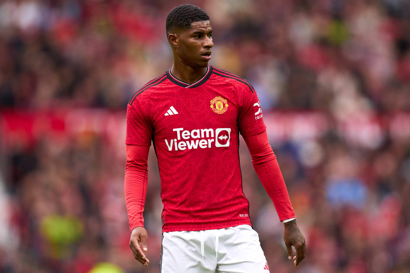 MANCHESTER, ENGLAND - AUGUST 05: Marcus Rashford of Manchester United looks on during the pre-season friendly match between Manchester United and RC Lens at Old Trafford on August 05, 2023 in Manchester, England. (Photo by Alex Caparros/Getty Images)