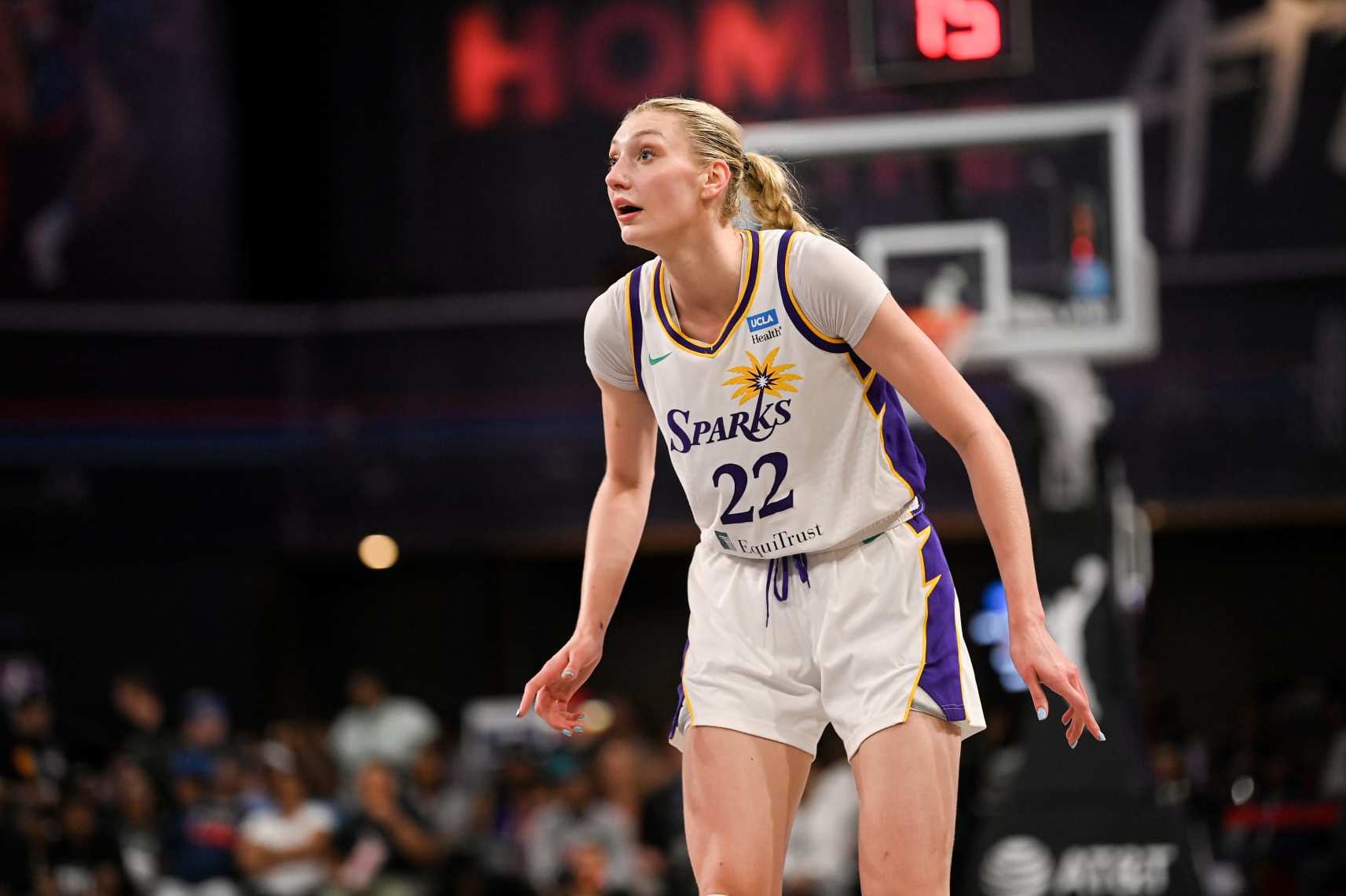COLLEGE PARK, GEORGIA - JUNE 16: Cameron Brink #22 of the Los Angeles Sparks looks on during the game against the Atlanta Dream on June 16, 2024 at Gateway Center Arena at College Park in Atlanta, Georgia. NOTE TO USER: User expressly acknowledges and agrees that, by downloading and or using this photograph, User is consenting to the terms and conditions of the Getty Images License Agreement.  (Photo by Paras Griffin/Getty Images)
