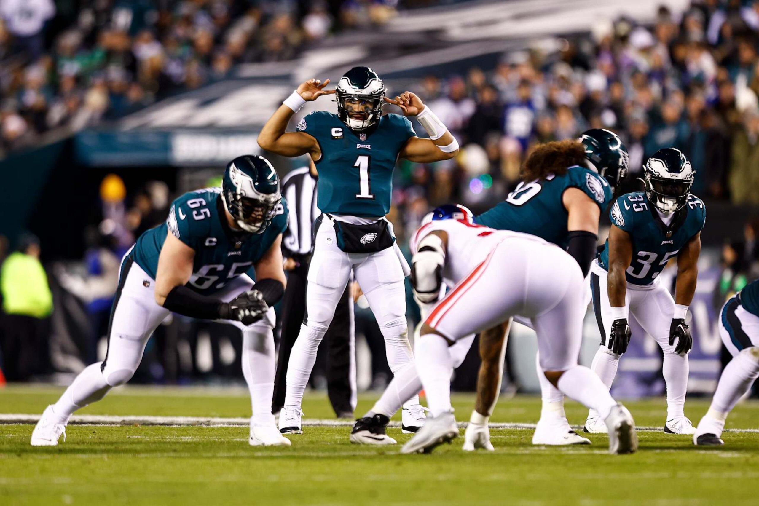 PHILADELPHIA, PA - JANUARY 21: Jalen Hurts #1 of the Philadelphia Eagles calls an audible before a play during an NFL divisional round playoff football game against the New York Giants at Lincoln Financial Field on January 21, 2023 in Philadelphia, Pennsylvania. (Photo by Kevin Sabitus/Getty Images)