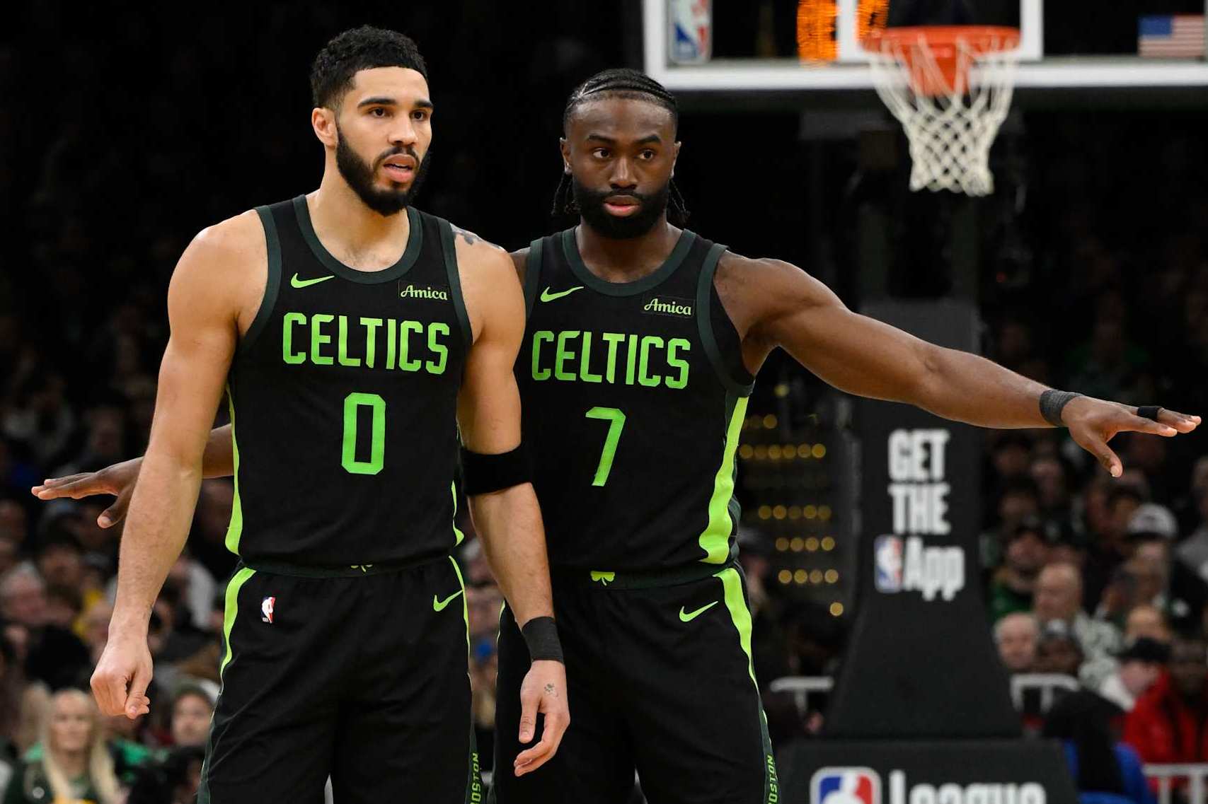 BOSTON, MA - FEBRUARY 6: Jayson Tatum #0 and Jaylen Brown #7 of the Boston Celtics look on during the game against the Dallas Mavericks on February 6, 2025 at TD Garden in Boston, Massachusetts. NOTE TO USER: User expressly acknowledges and agrees that, by downloading and/or using this Photograph, user is consenting to the terms and conditions of the Getty Images License Agreement. Mandatory Copyright Notice: Copyright 2025 NBAE (Photo by David Dow/NBAE via Getty Images)
