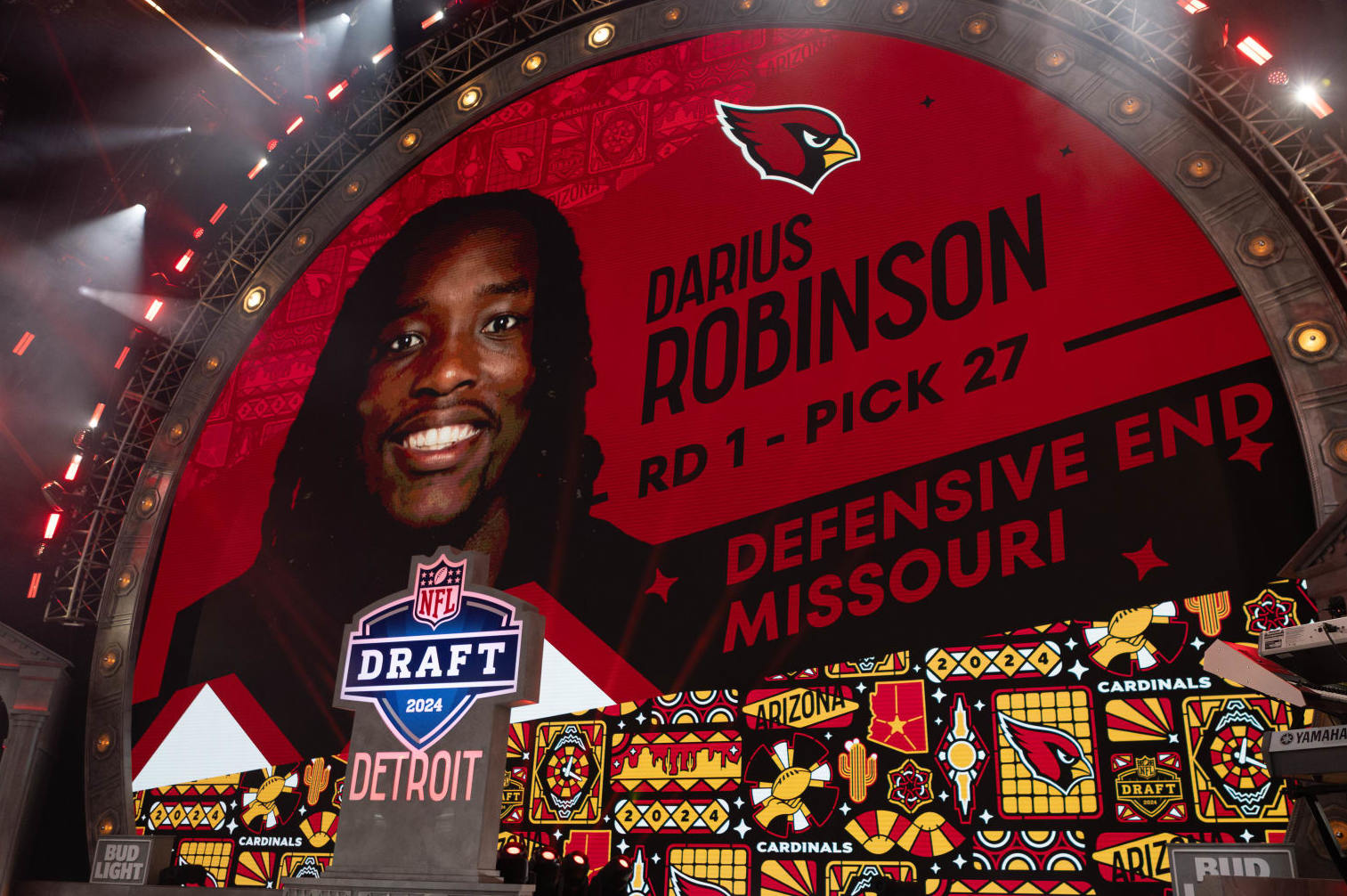DETROIT, MI - APRIL 25: The Arizona Cardinals select Missouri Defensive End Darius Robinson with the 27th overall pick in during Day 1 of the NFL Draft on April 25, 2024 at Campus Martius Park and Hart Plaza in Detroit, MI. (Photo by John Smolek/Icon Sportswire via Getty Images)