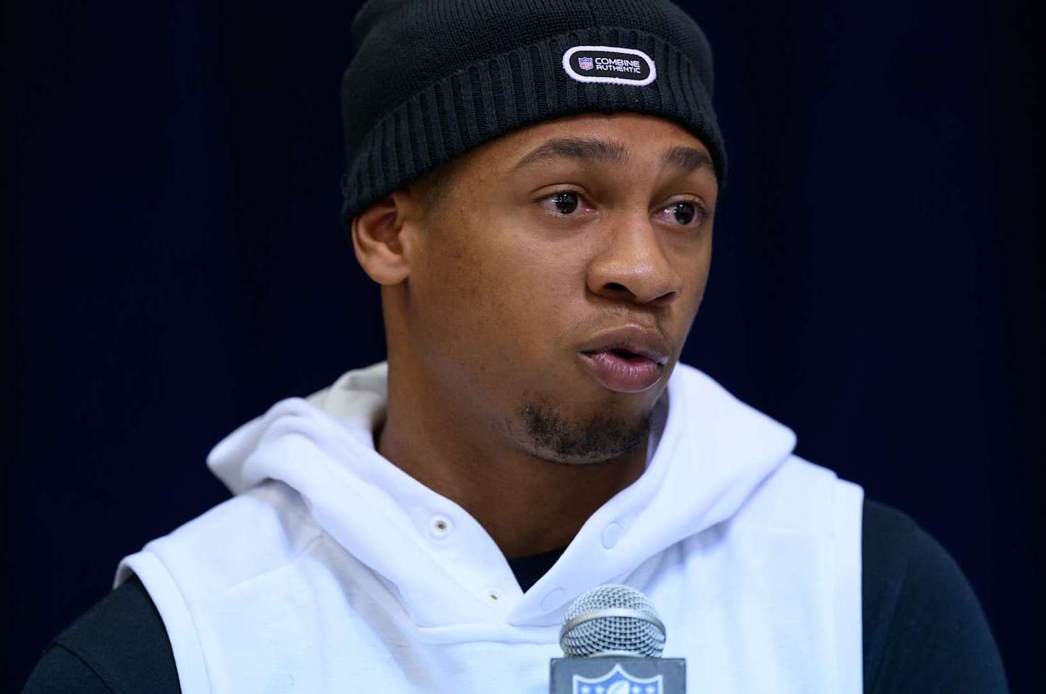 INDIANAPOLIS, IN - FEBRUARY 29: Texas Tech defensive back Dadrion Taylor-Demerson answers questions from the media during the NFL Scouting Combine on February 29, 2024, at the Indiana Convention Center in Indianapolis, IN. (Photo by Zach Bolinger/Icon Sportswire via Getty Images)