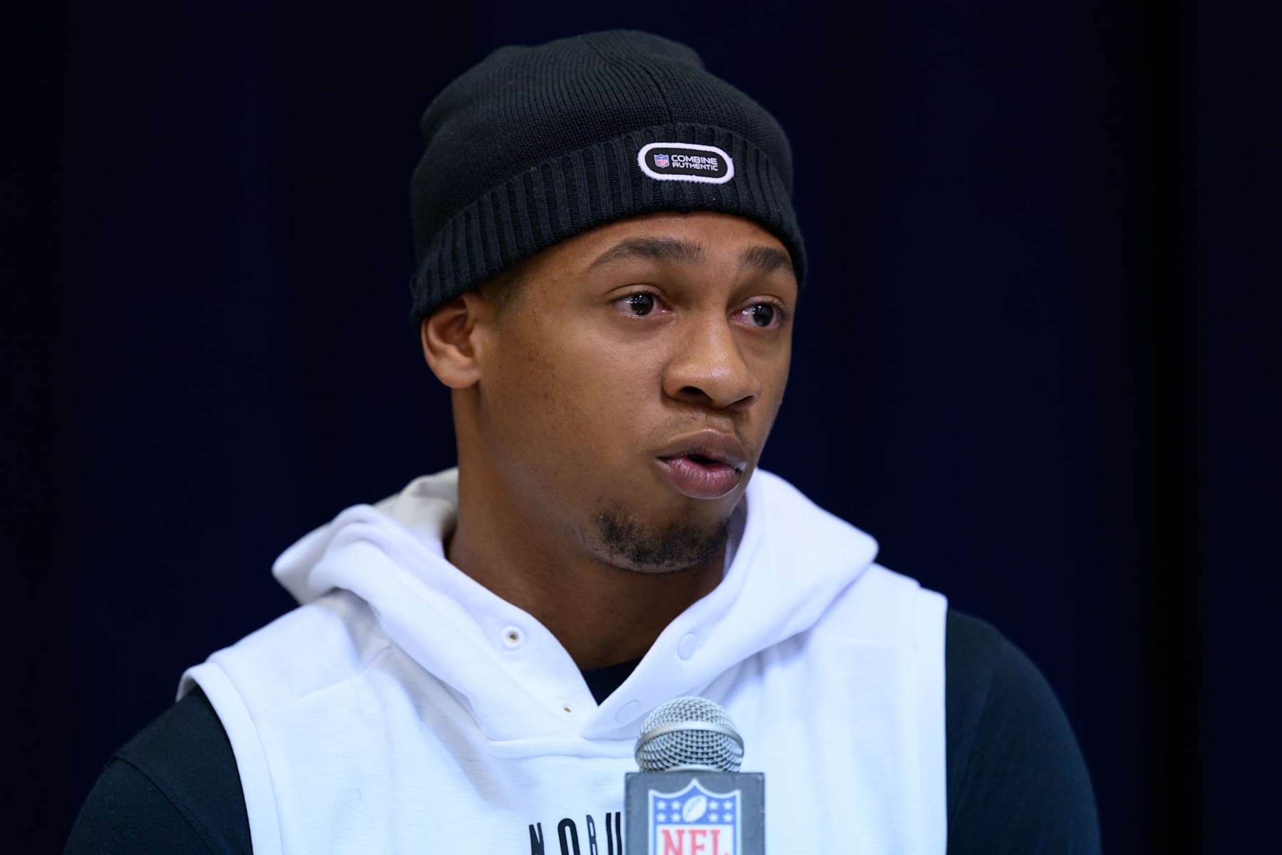 INDIANAPOLIS, IN - FEBRUARY 29: Texas Tech defensive back Dadrion Taylor-Demerson answers questions from the media during the NFL Scouting Combine on February 29, 2024, at the Indiana Convention Center in Indianapolis, IN. (Photo by Zach Bolinger/Icon Sportswire via Getty Images)