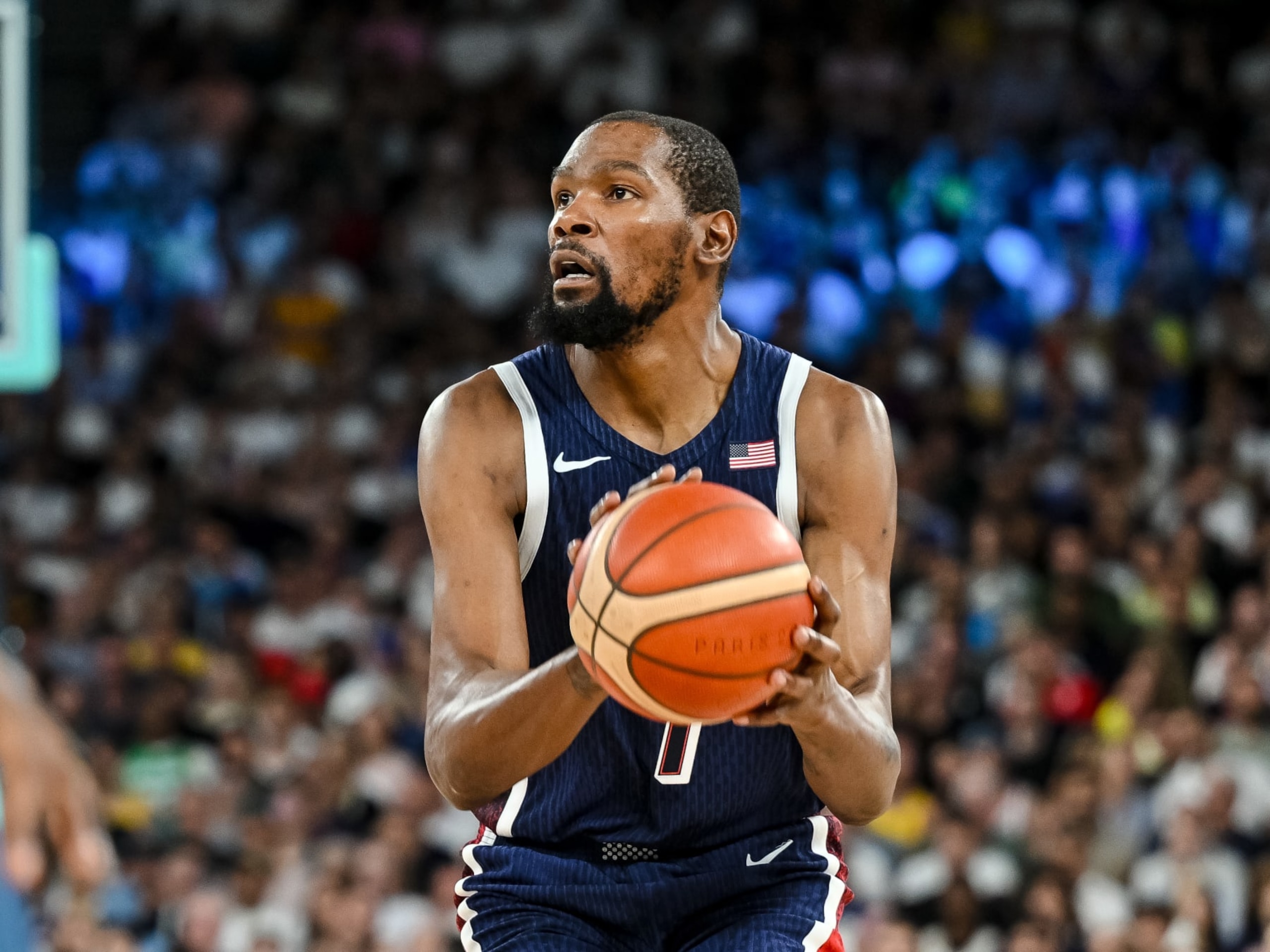 Kevin Durant of USA controls the Ball during the Men's Basketball Quarterfinal match between Brazil and United State on Day 11 of the Olympic Games Paris 2024 at Bercy Arena on August 6, 2024 in Paris, France. (Photo by Harry Langer/DeFodi Images via Getty Images)