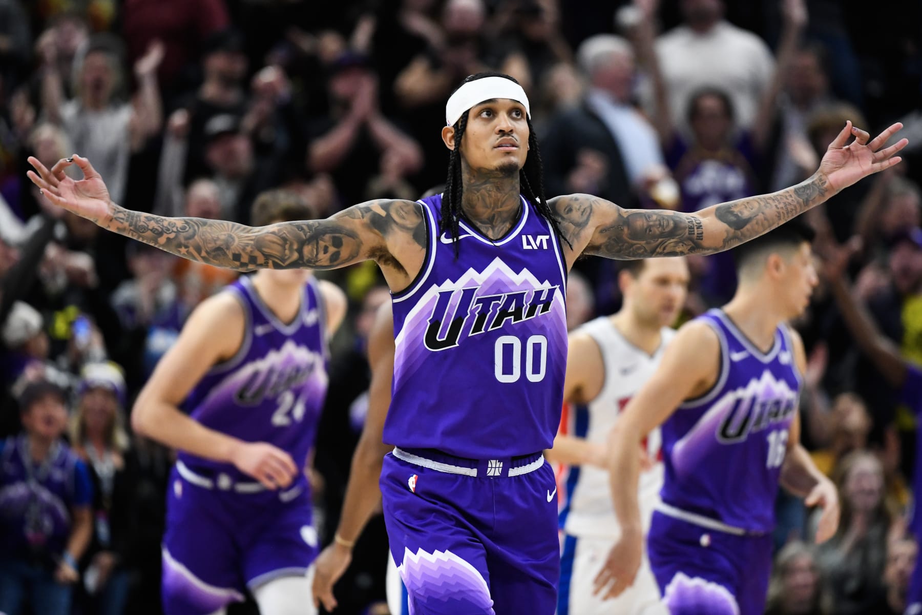 SALT LAKE CITY, UTAH - JANUARY 03: Jordan Clarkson #00 of the Utah Jazz celebrates a three point shot during the second half of a game against the Detroit Pistons at Delta Center on January 03, 2024 in Salt Lake City, Utah. NOTE TO USER: User expressly acknowledges and agrees that, by downloading and or using this photograph, User is consenting to the terms and conditions of the Getty Images License Agreement. (Photo by Alex Goodlett/Getty Images)