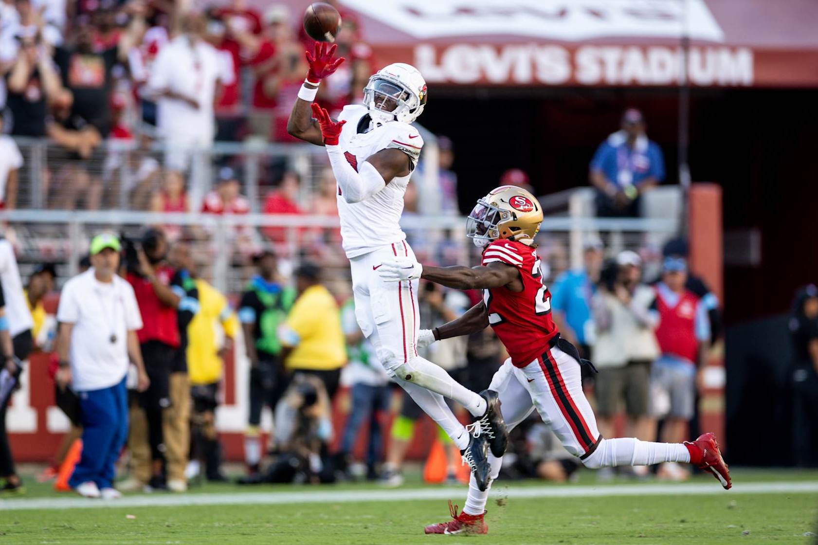 SANTA CLARA, CALIFORNIA - OCTOBER 6: Marvin Harrison Jr. #18 of the Arizona Cardinals completes a catch during an NFL Football game against the San Francisco 49ers at Levi's Stadium on October 06, 2024 in Santa Clara, California. (Photo by Michael Owens/Getty Images)