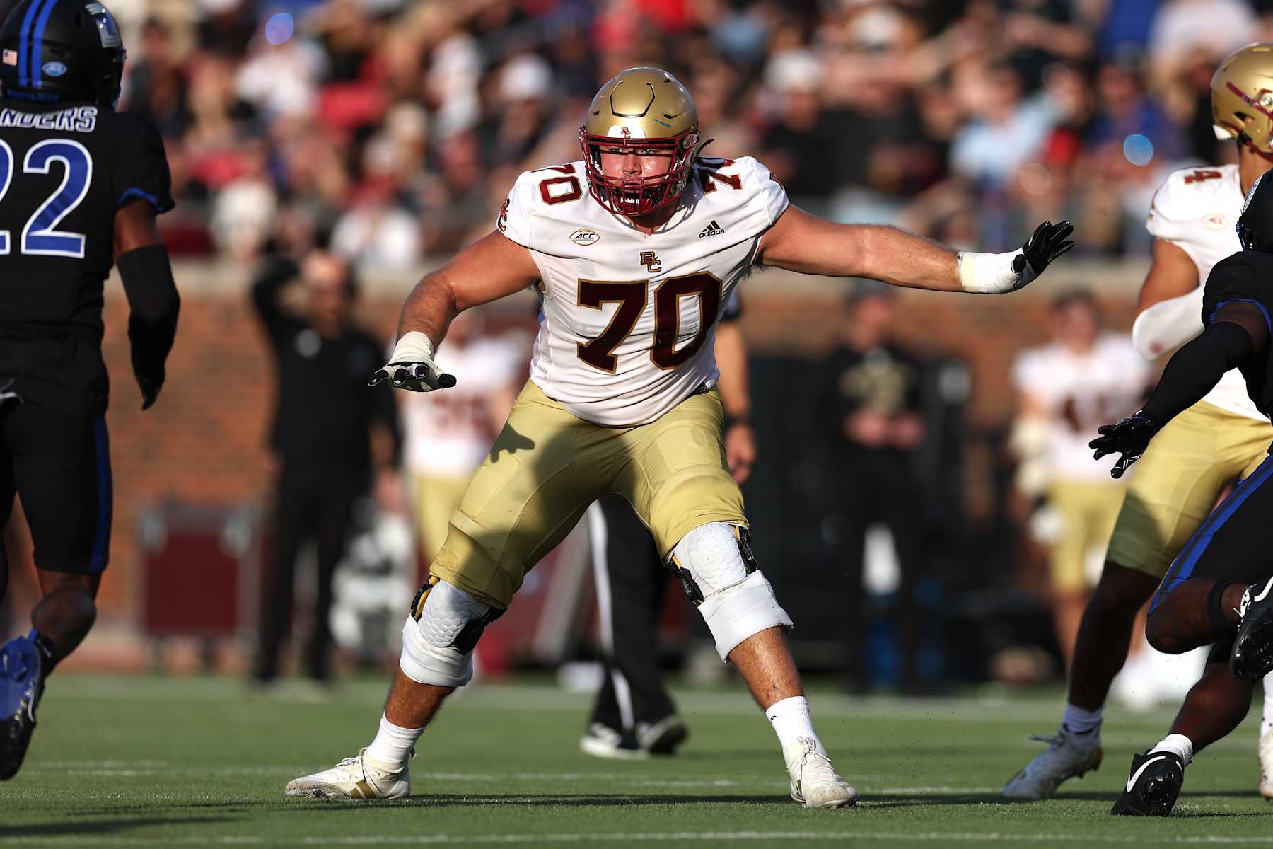 DALLAS, TEXAS - NOVEMBER 16: Ozzy Trapilo #70 of the Boston College Eagles blocks during the first half against the Southern Methodist Mustangs at Gerald J. Ford Stadium on November 16, 2024 in Dallas, Texas. (Photo by Sam Hodde/Getty Images)