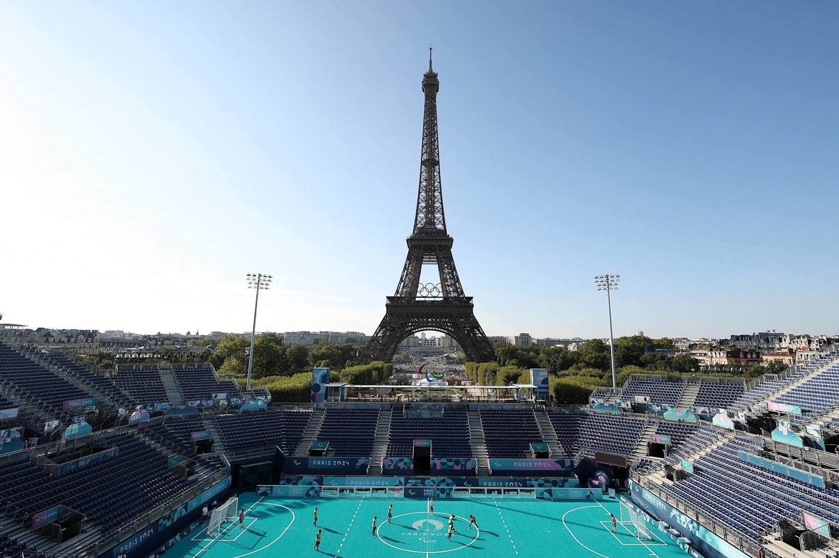 PARIS, FRANCE - AUGUST 27: The Team Colombia blind football team trains ahead of the Paris 2024 Summer Paralympic Games at Eiffel Tower Stadium on August 27, 2024 in Paris, France. (Photo by Ezra Shaw/Getty Images)