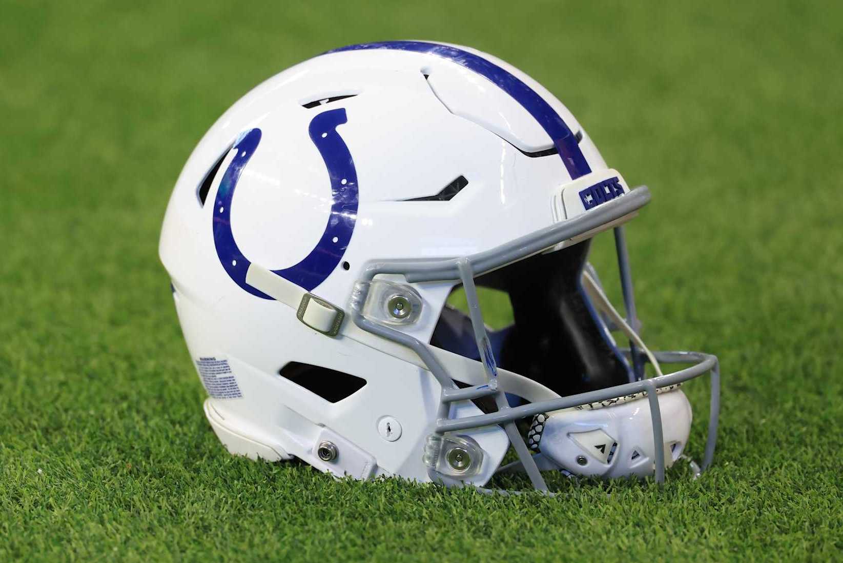 INDIANAPOLIS, INDIANA - OCTOBER 20: A Indianapolis Colts helmet is seen on the field prior to the game against the Miami Dolphins at Lucas Oil Stadium on October 20, 2024 in Indianapolis, Indiana. (Photo by Justin Casterline/Getty Images)