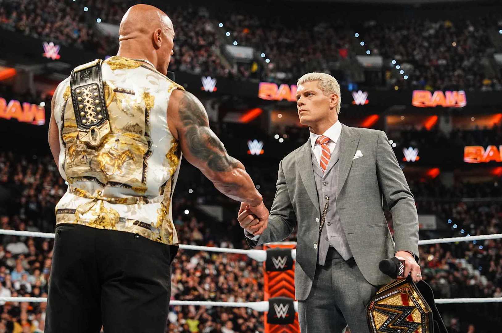 PHILADELPHIA, PENNSYLVANIA - APRIL 08: Dwayne "The Rock" Johnson stands in ring with Cody Rhodes at the Wells Fargo Center on April 8, 2024 in Philadelphia, Pennsylvania. (Photo by WWE/Getty Images)