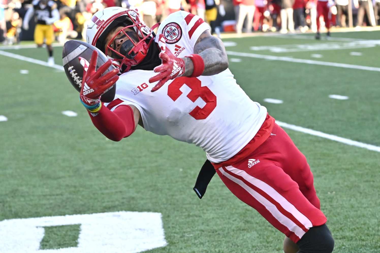 IOWA CITY, IA - NOVEMBER 25: Nebraska wide receiver Trey Palmer (3) can't hang on to a pass near the goal line during a college football game between the Nebraska Cornhuskers and the Iowa Hawkeyes on November 25, 2022, at Kinnick Stadium in Iowa City, IA. (Photo by Keith Gillett/Icon Sportswire via Getty Images)