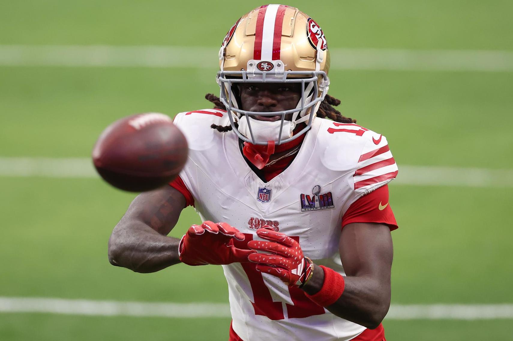 LAS VEGAS, NEVADA - FEBRUARY 11: Brandon Aiyuk #11 of the San Francisco 49ers warms up prior to Super Bowl LVIII against the Kansas City Chiefs at Allegiant Stadium on February 11, 2024 in Las Vegas, Nevada. (Photo by Steph Chambers/Getty Images)