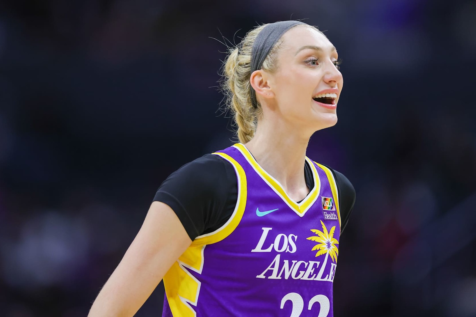 LOS ANGELES, CA - JUNE 09: Los Angeles Sparks forward Cameron Brink (22) laughs after a play during the WNBA basketball game between the Las Vegas Aces and the Los Angeles Sparks on June 09, 2024, at Crypto.com Arena in Los Angeles, CA.(Photo by Jordon Kelly/Icon Sportswire via Getty Images)