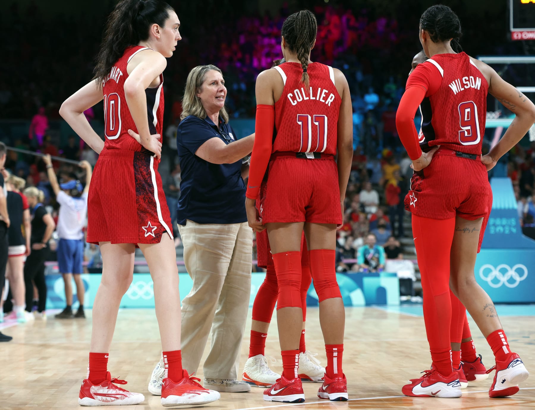USA Coach Cheryl Reeve pictured during a basketball game between Team USA and Belgian national team The Belgian Cats, in the group stage of the women's tournament at the Paris 2024 Olympic Games, on Thursday 01 August 2024 in Paris, France. The Games of the XXXIII Olympiad are taking place in Paris from 26 July to 11 August. The Belgian delegation counts 165 athletes competing in 21 sports. BELGA PHOTO VIRGINIE LEFOUR (Photo by VIRGINIE LEFOUR / BELGA MAG / Belga via AFP) (Photo by VIRGINIE LEFOUR/BELGA MAG/AFP via Getty Images)