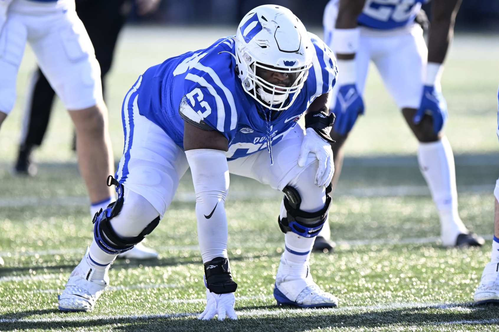 ANNAPOLIS, MARYLAND - DECEMBER 28: Jacob Monk #63 of the Duke Blue Devils lines up against the UCF Knights in the Military Bowl Presented by Peraton  at Navy-Marine Corps Memorial Stadium on December 28, 2022 in Annapolis, Maryland. (Photo by G Fiume/Getty Images)