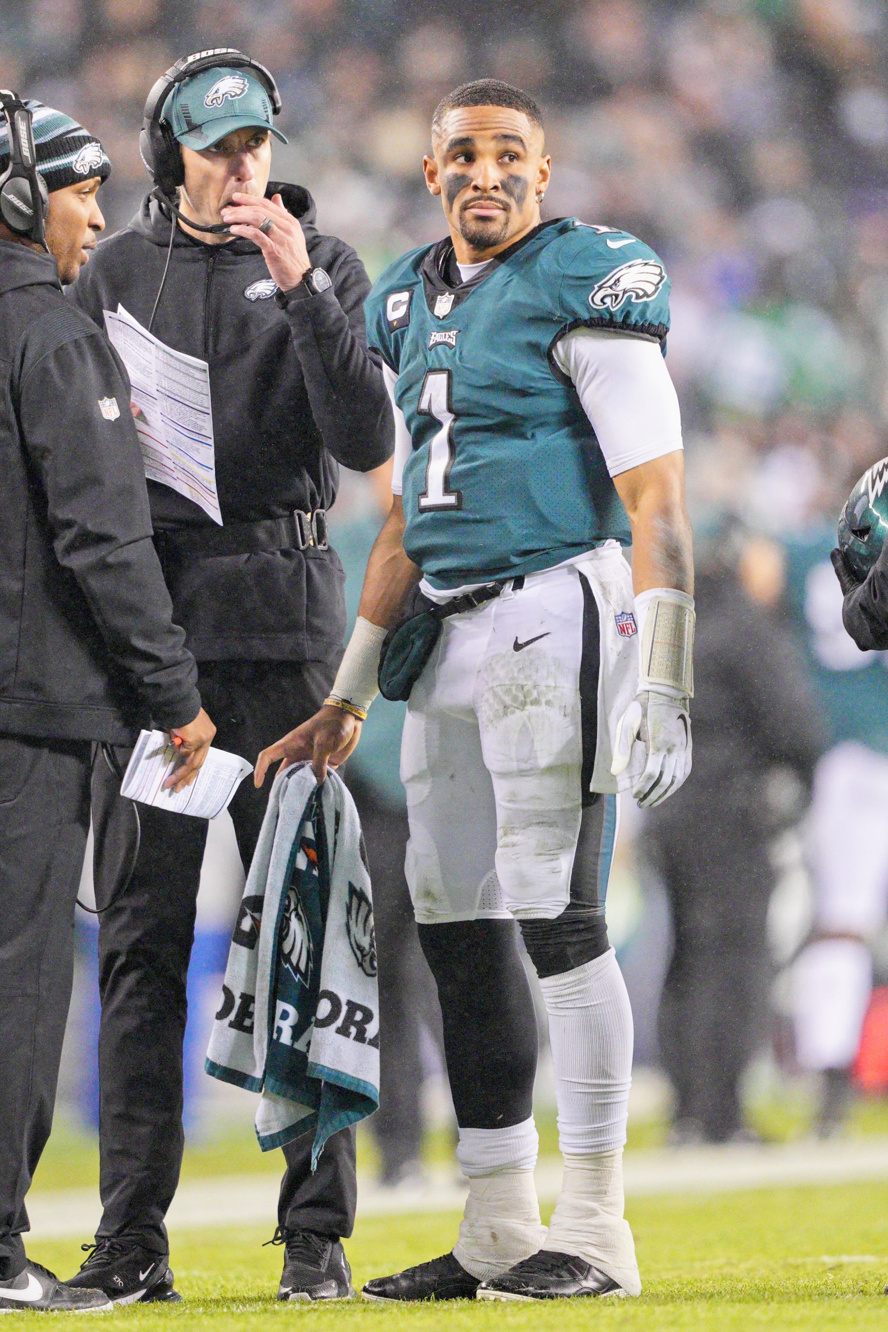 Former Philadelphia Eagles offensive coordinator Shane Steichen (left) and quarterback Jalen Hurts