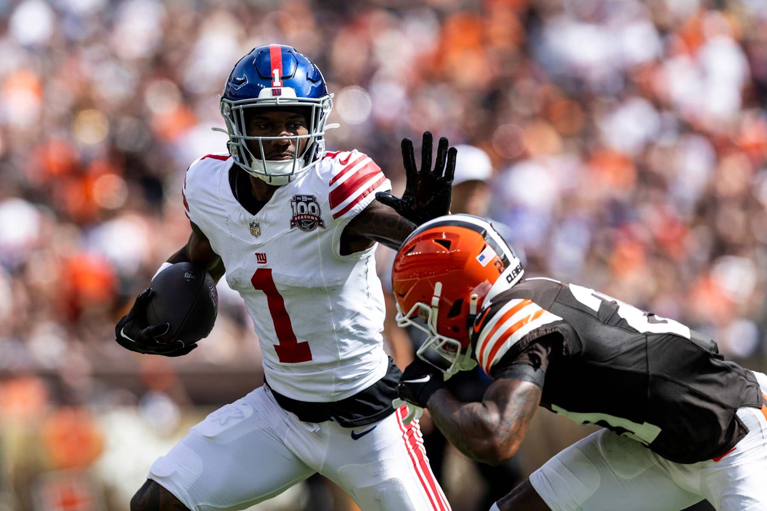 CLEVELAND, OHIO - SEPTEMBER 22: Wide receiver Malik Nabers #1 of the New York Giants runs the ball during the game against the Cleveland Browns at Huntington Bank Field on September 22, 2024 in Cleveland, Ohio. The Giants beat the Browns 21-15. (Photo by Lauren Leigh Bacho/Getty Images) CLEVELAND, OHIO - SEPTEMBER 22: Wide receiver Malik Nabers #1 of the New York Giants runs the ball during the game against the Cleveland Browns at Huntington Bank Field on September 22, 2024 in Cleveland, Ohio. The Giants beat the Browns 21-15. (Photo by Lauren Leigh Bacho/Getty Images)