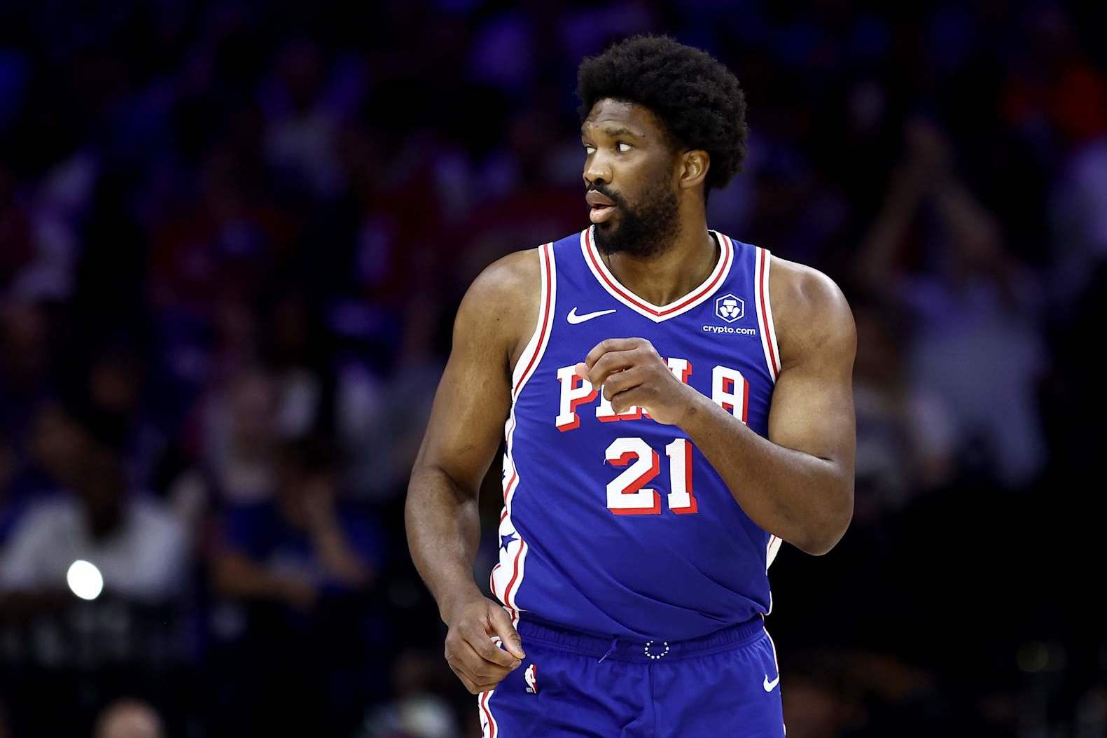 PHILADELPHIA, PENNSYLVANIA - MAY 02: Joel Embiid #21 of the Philadelphia 76ers looks on during the first quarter of game six of the Eastern Conference First Round Playoffs against the New York Knicks at the Wells Fargo Center on May 02, 2024 in Philadelphia, Pennsylvania. (Photo by Tim Nwachukwu/Getty Images)