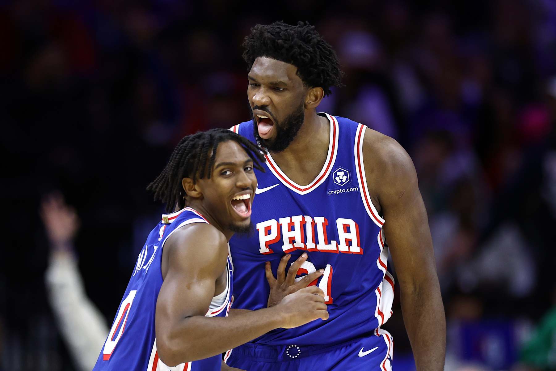 PHILADELPHIA, PENNSYLVANIA - NOVEMBER 08: Joel Embiid #21 and Tyrese Maxey #0 of the Philadelphia 76ers react during the fourth quarter against the Boston Celtics at the Wells Fargo Center on November 08, 2023 in Philadelphia, Pennsylvania. NOTE TO USER: User expressly acknowledges and agrees that, by downloading and or using this photograph, User is consenting to the terms and conditions of the Getty Images License Agreement. (Photo by Tim Nwachukwu/Getty Images)