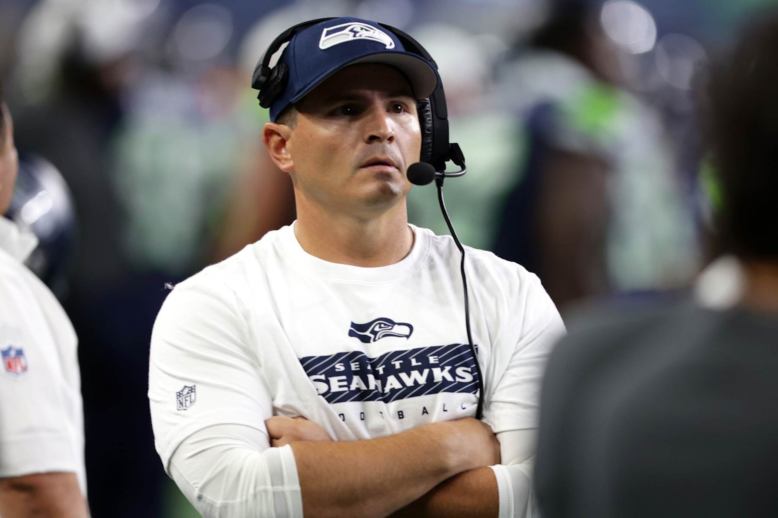SEATTLE, WASHINGTON - AUGUST 24: Head Coach Mike Macdonald of the Seattle Seahawks looks on during an NFL preseason game against the Cleveland Browns at Lumen Field on August 24, 2024 in Seattle, Washington. (Photo by Rio Giancarlo/Getty Images)
